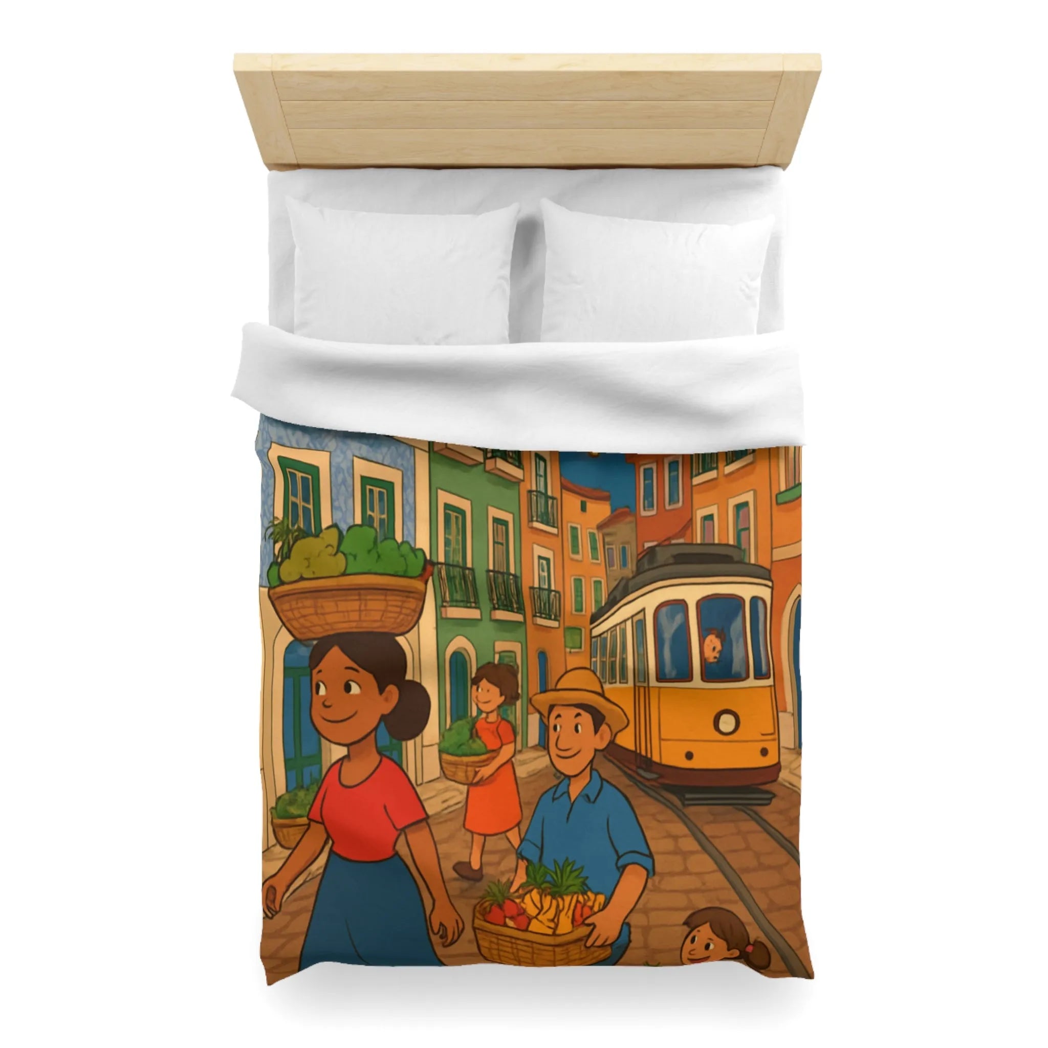 Housse de Couette Colorée Illustrant Scène Vibrante de Rue avec Tramway et Marché