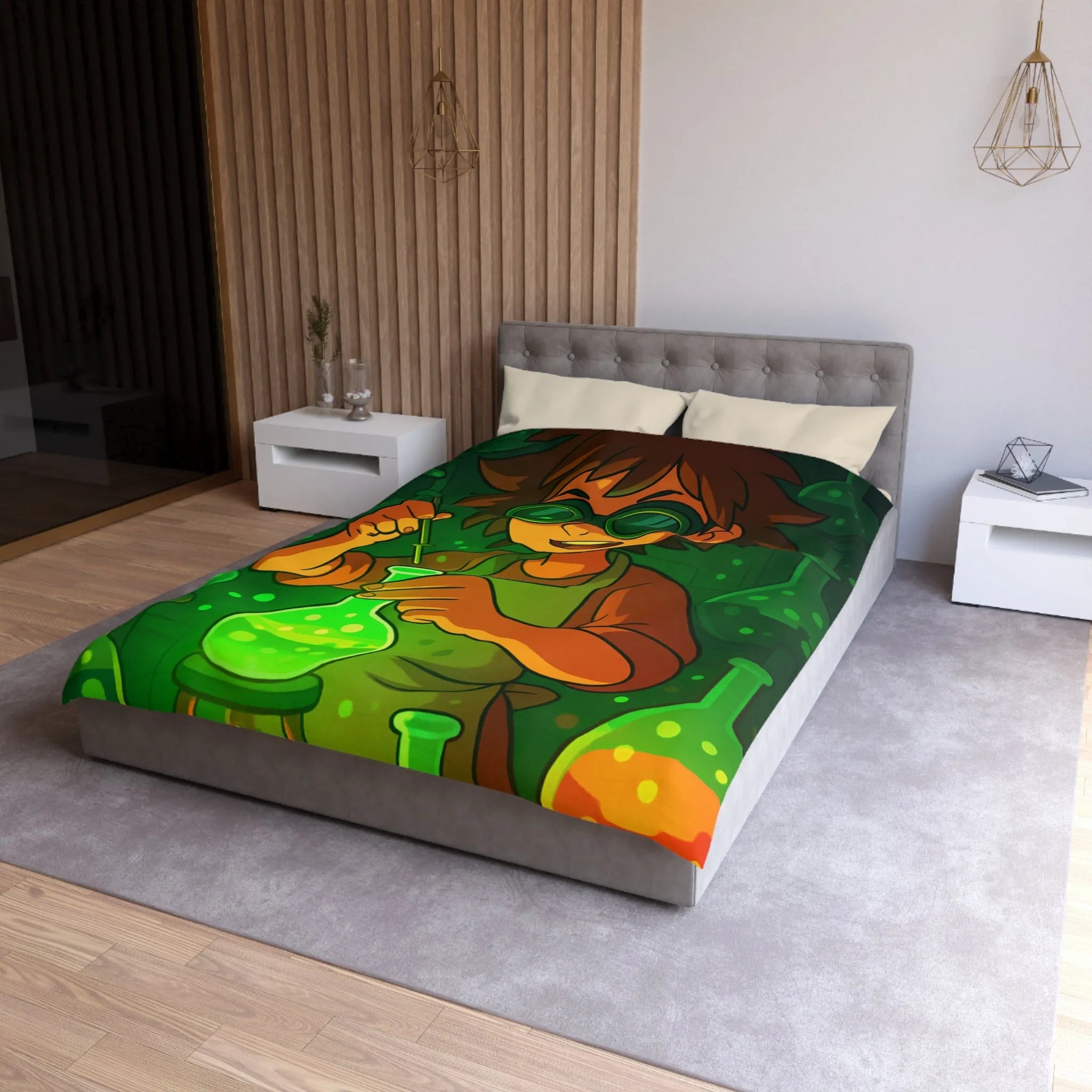 Housse de couette colorée avec un jeune chimiste dans un laboratoire mystérieux et magique