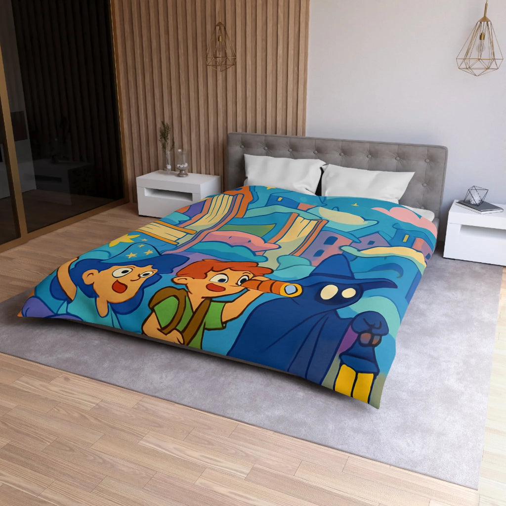 Housse de couette magique enfants avec illustration de sorcier, château et ciel étoilé