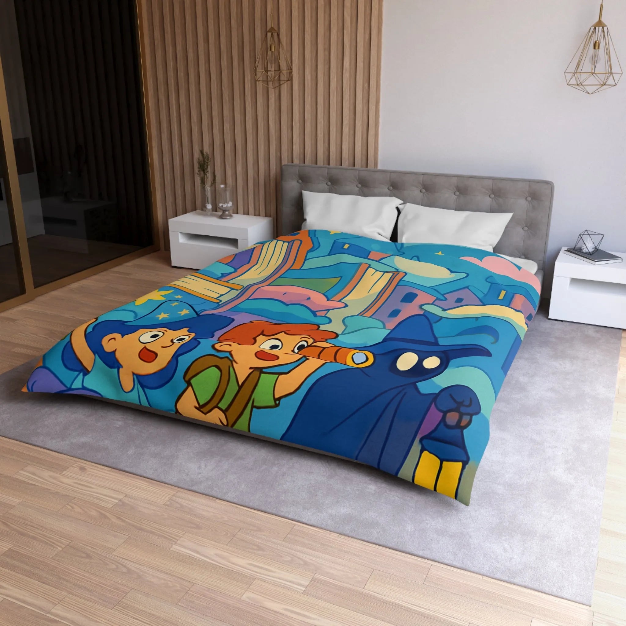 Housse de couette magique enfants avec illustration de sorcier, château et ciel étoilé