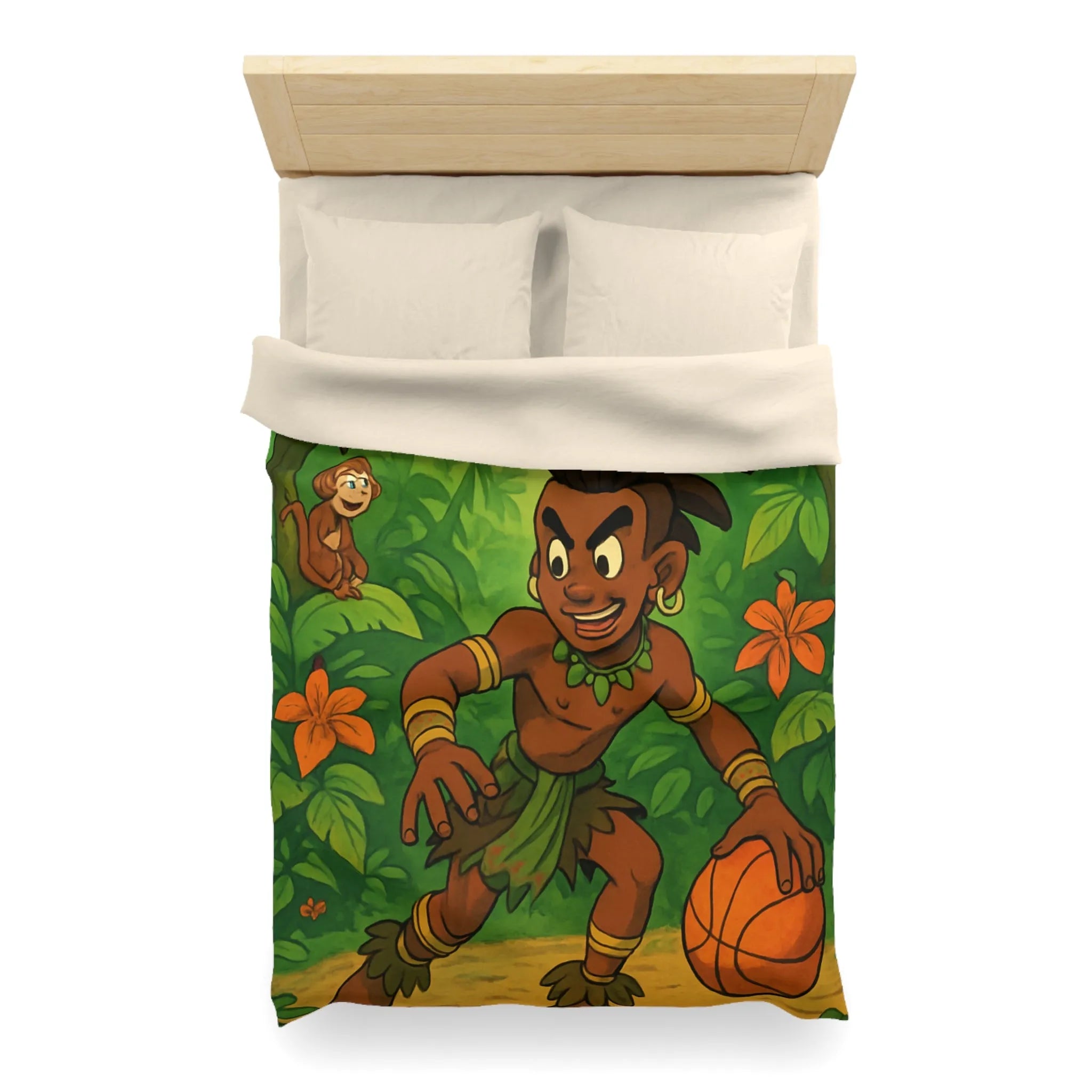 Housse de couette jungle avec garçon joueur de basket et animaux exotiques colorés