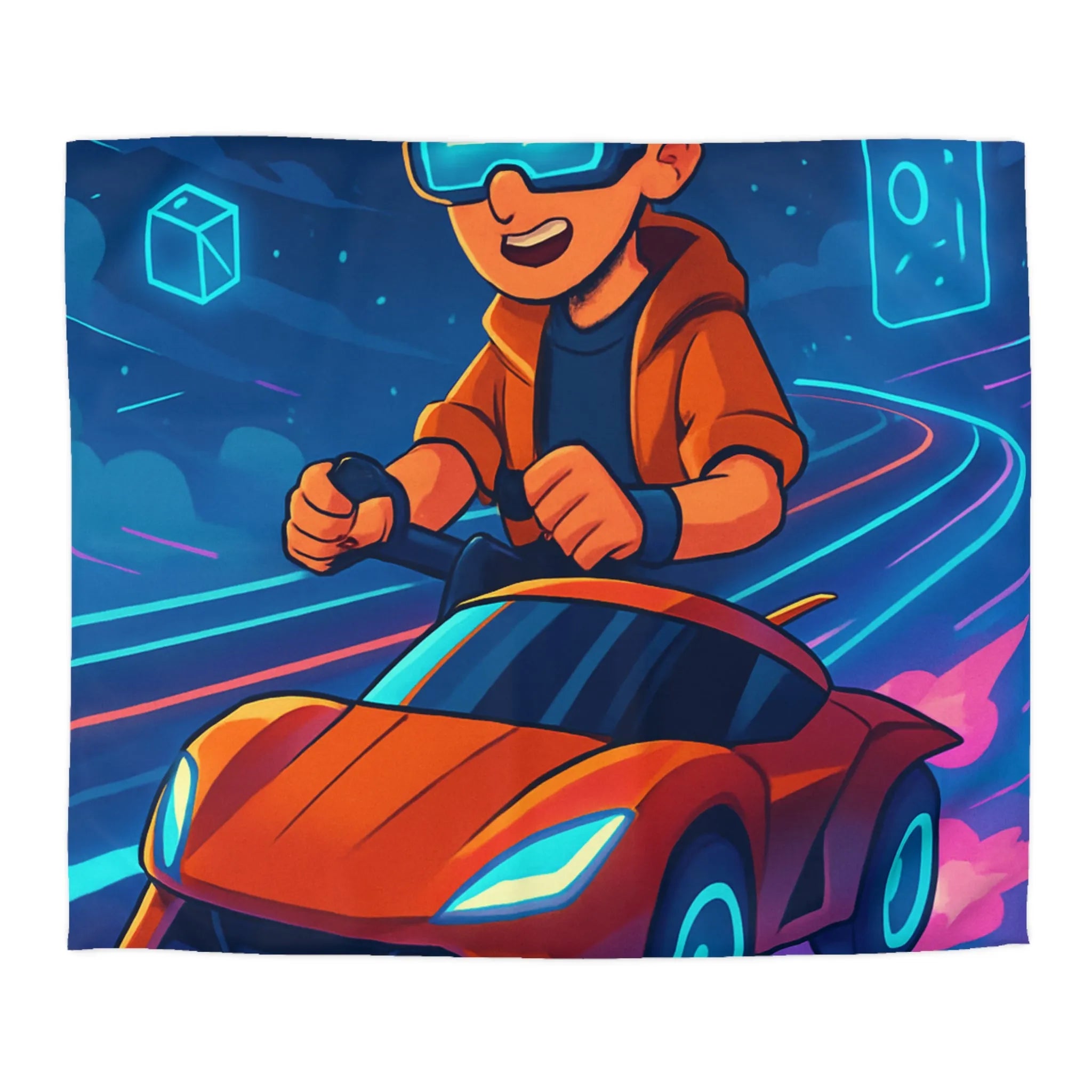 Housse de couette aventure virtuelle : joueur futuriste avec voiture de course dynamique et colorée