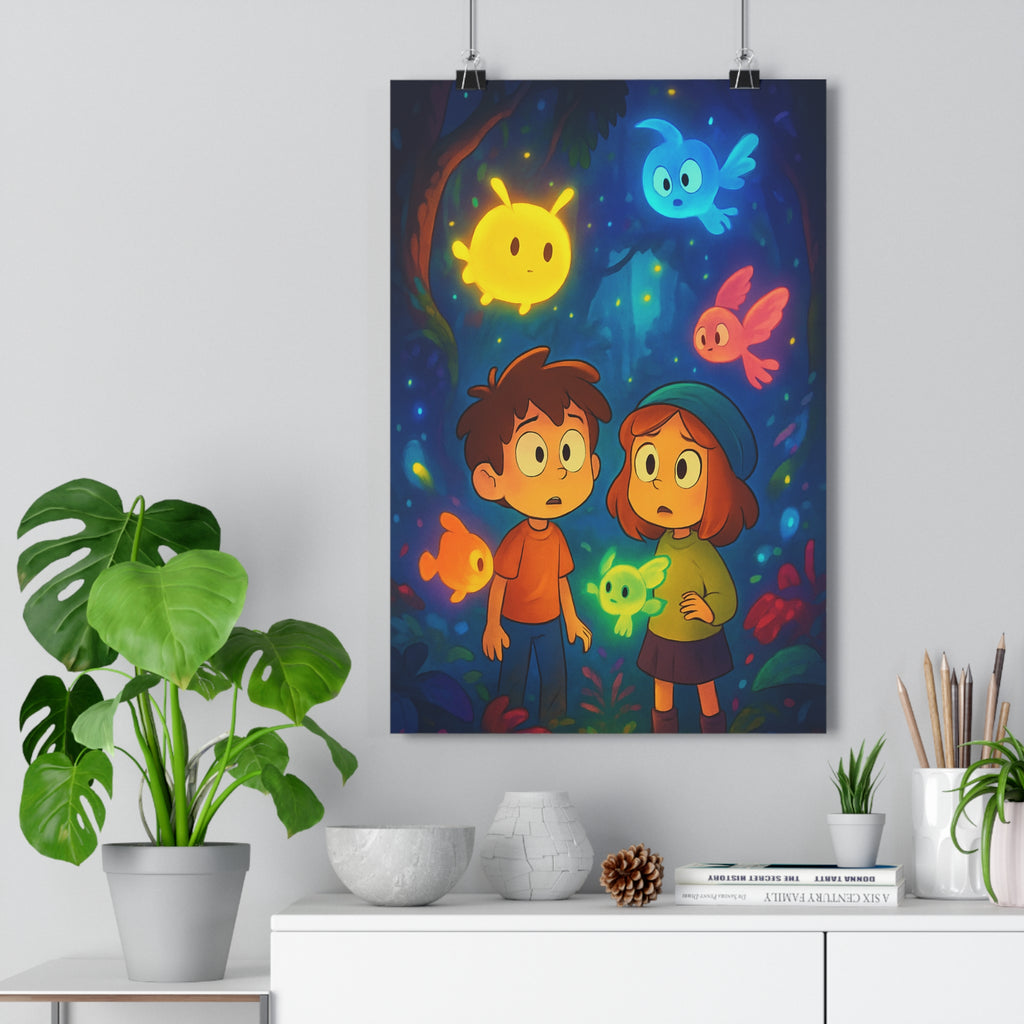 Poster décoratif créatif enfant forêt fantaisie magique bleu jaune rose cartoon chambre 30x46 lumineux