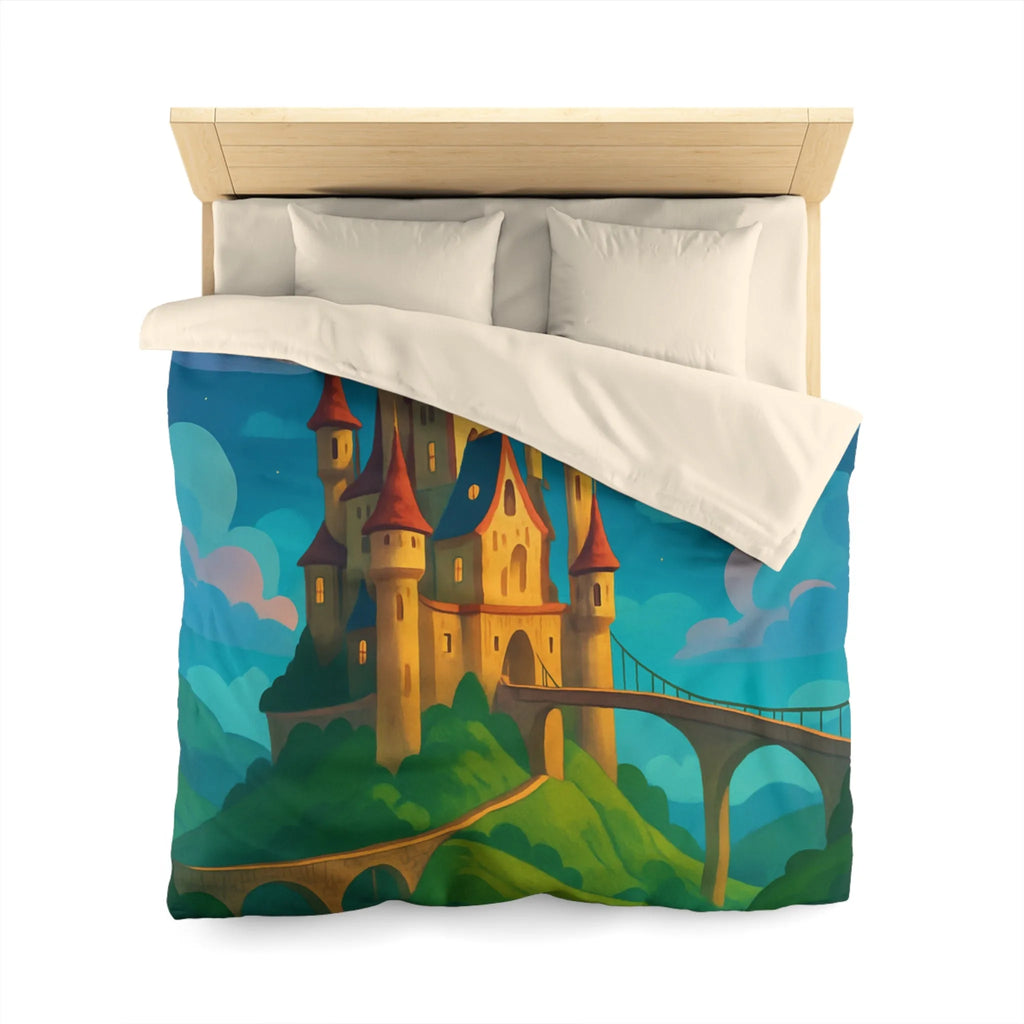 Housse de couette château féerique illuminé par la lune dans un paysage enchanteur nocturne