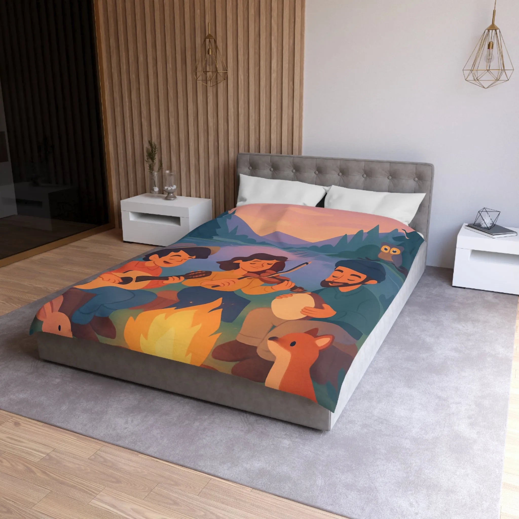 Housse de Couette avec Musiciens et Animaux Près du Feu de Camp au Crépuscule