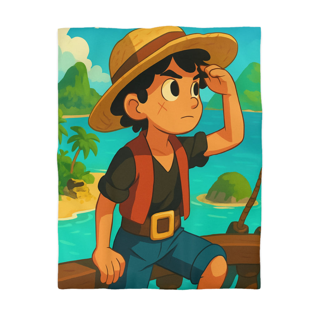 Housse de couette tropicale enfant avec pirate aventurier sur fond d'île paradisiaque