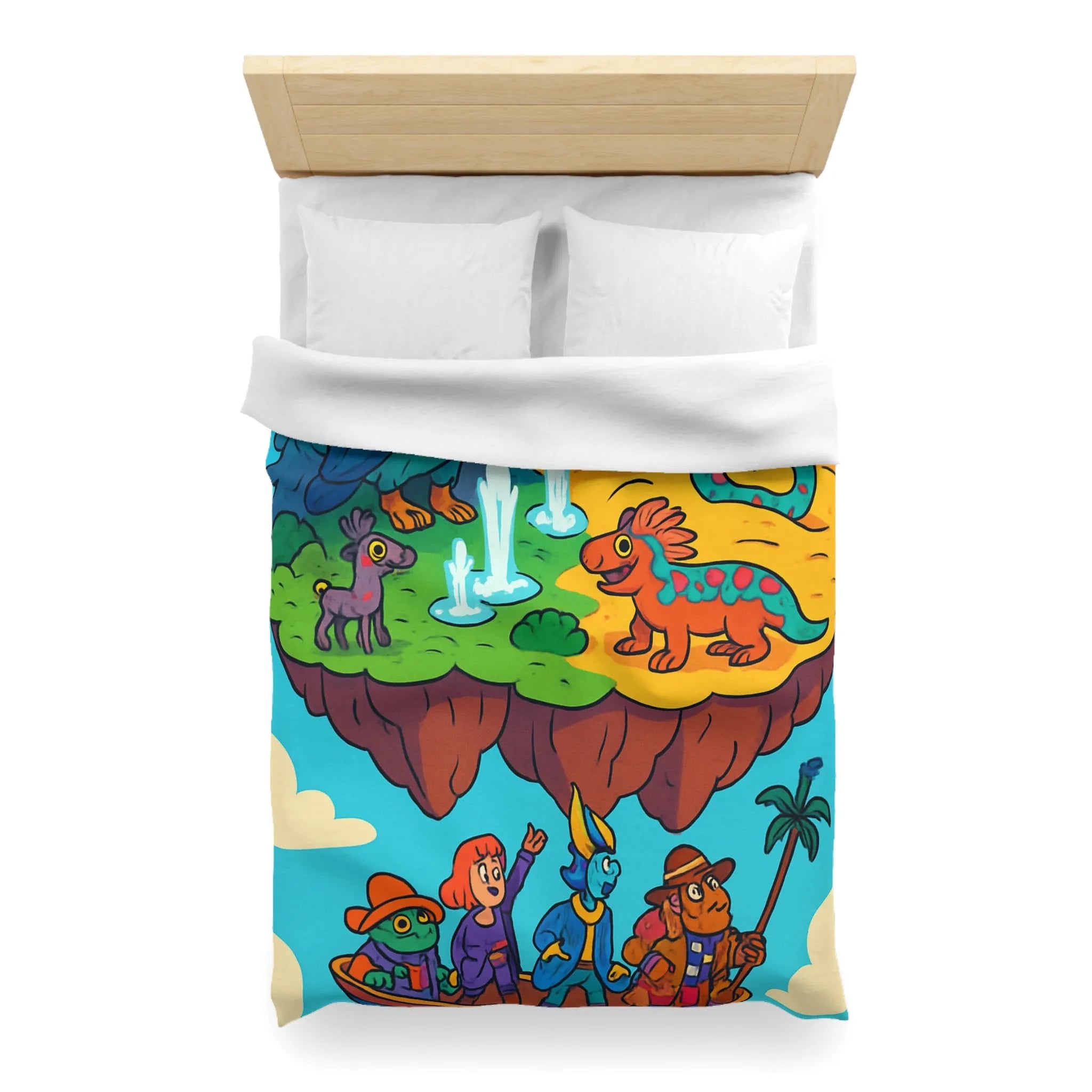 Housse de couette fantaisie avec animaux colorés sur une île flottante magique