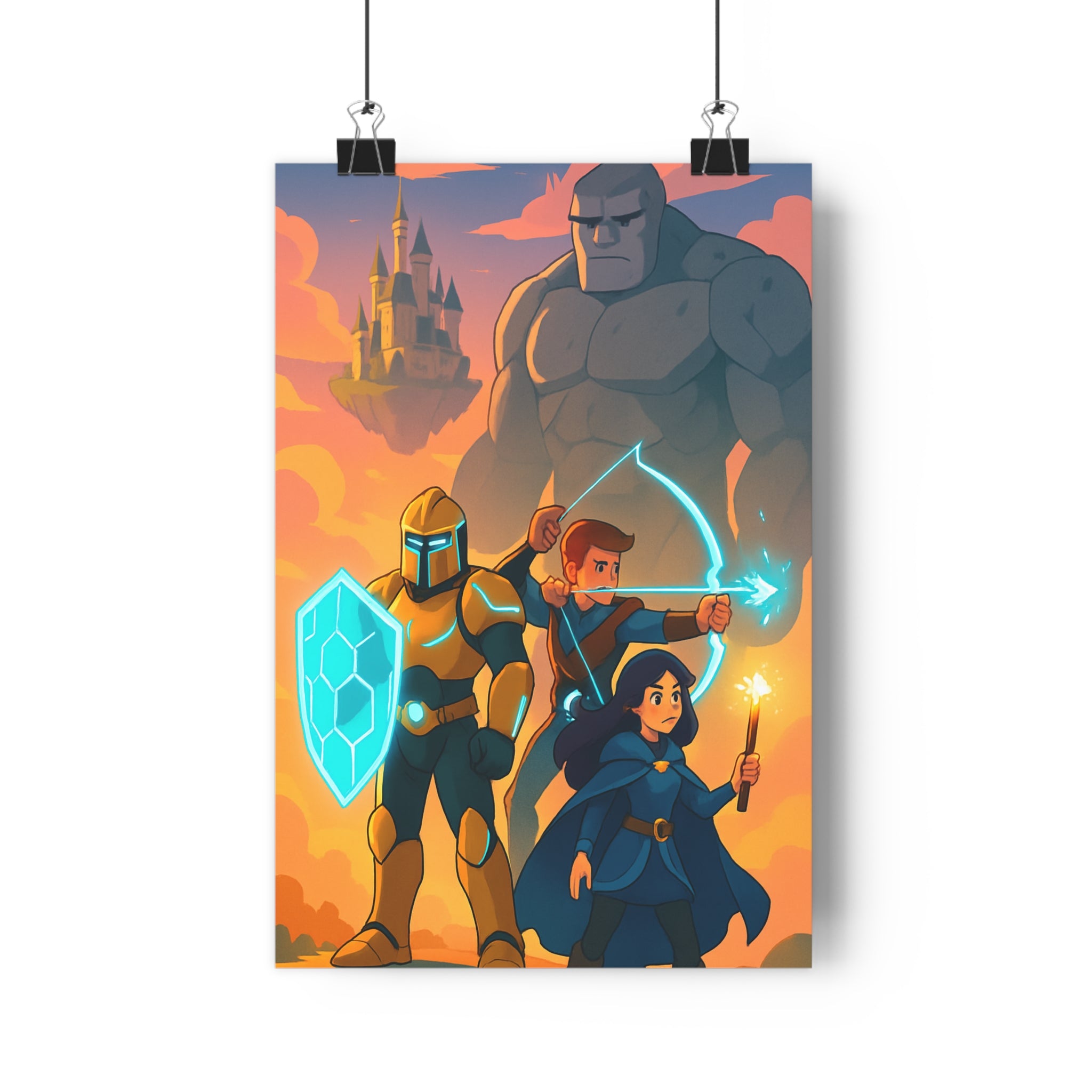 Poster décoratif épique fantasy chevalier doré archer bleu magicienne aventure enfant chambre salon qualité