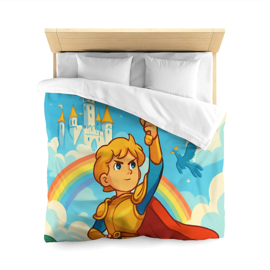 Housse de couette avec chevalier héroïque, arc-en-ciel et château féerique, thème aventure