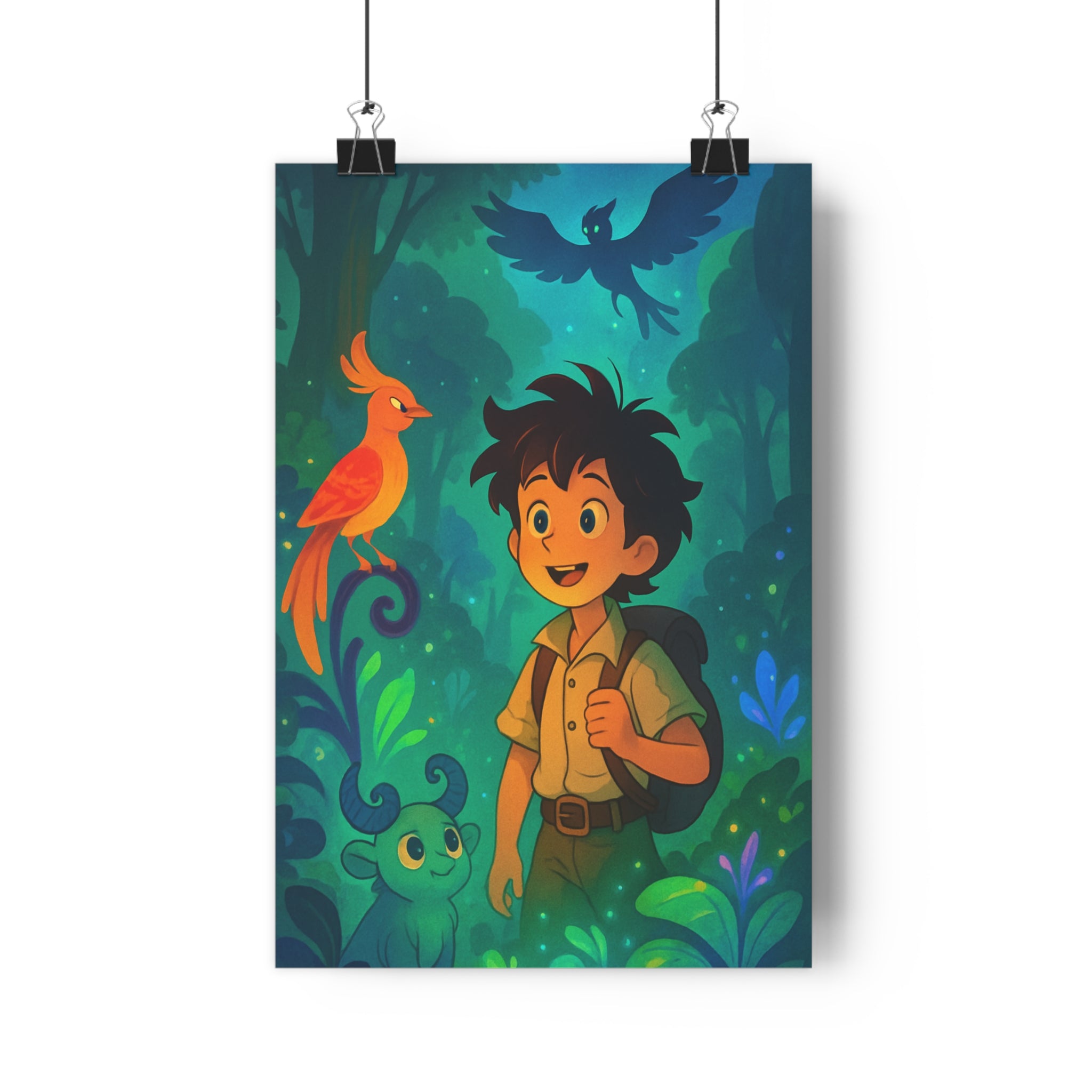 Poster décoratif enchanté cartoon vert orange mystique aventure enfant créatures forêt magique vibrant unique