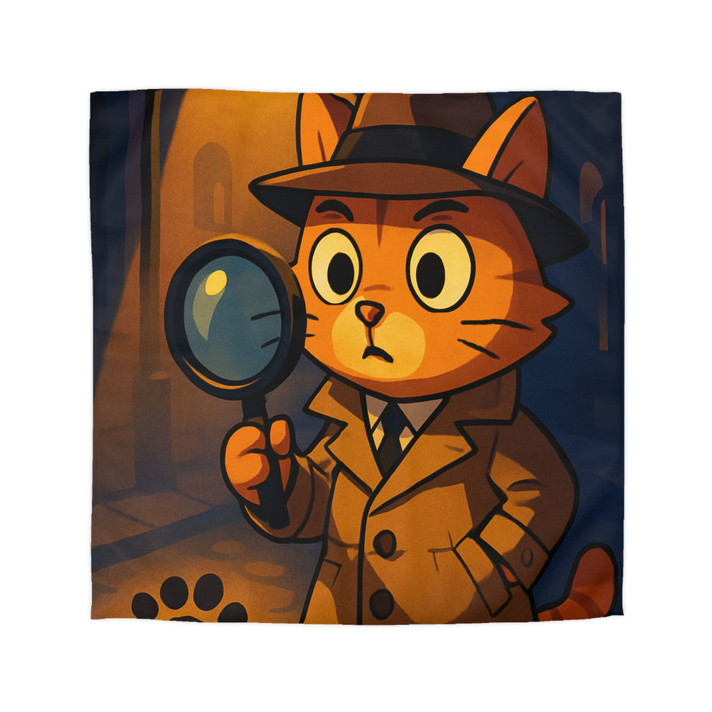 Housse de couette motif chat détective illustré avec lampe et empreinte mystérieuse