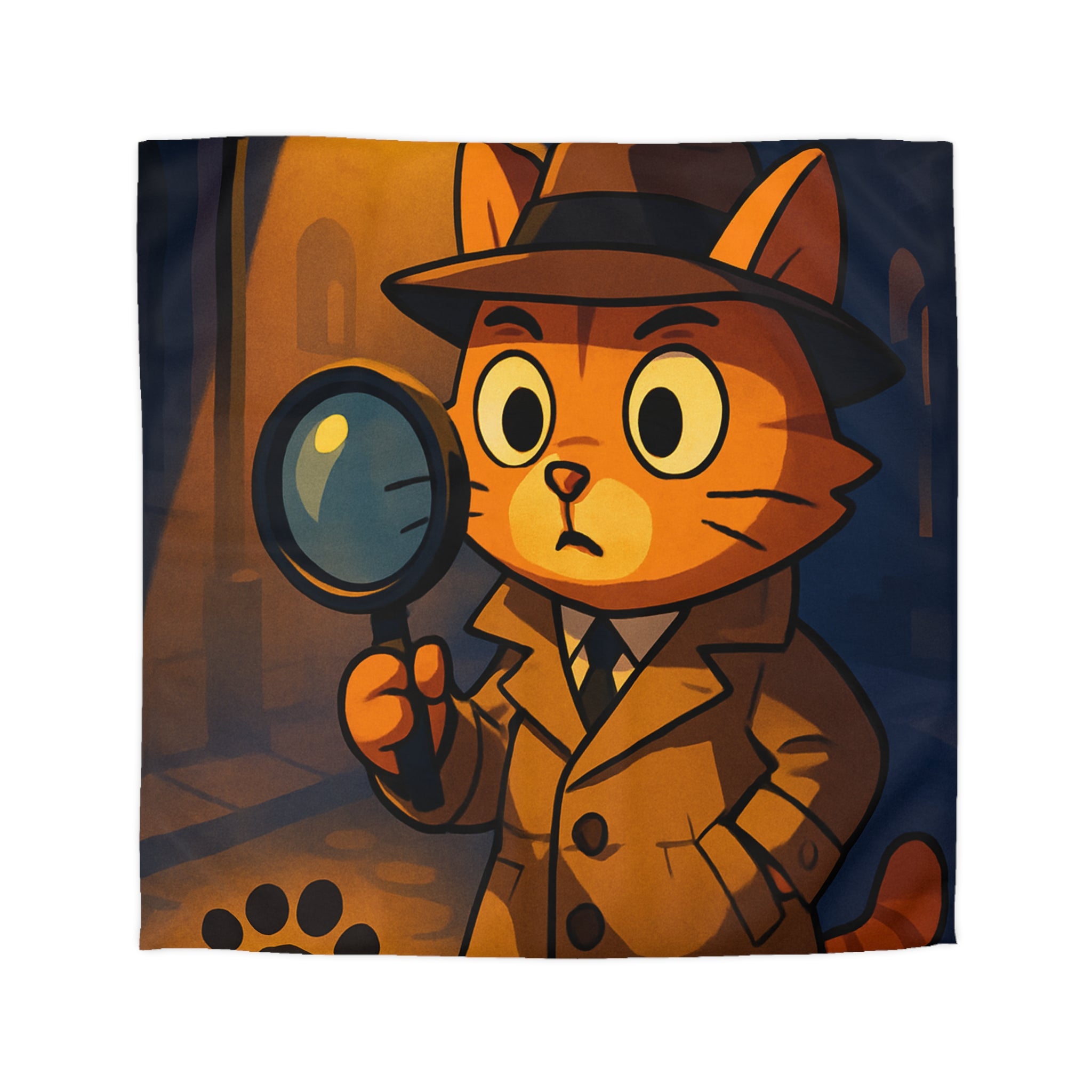 Housse de couette motif chat détective illustré avec lampe et empreinte mystérieuse