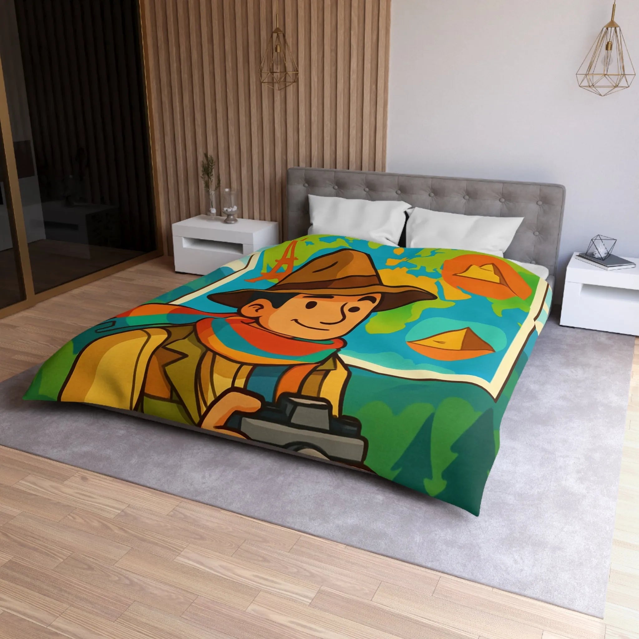 Housse de Couette Aventure Monde Carte Explorateur avec Illustrations Colorées et Éléments Culturels