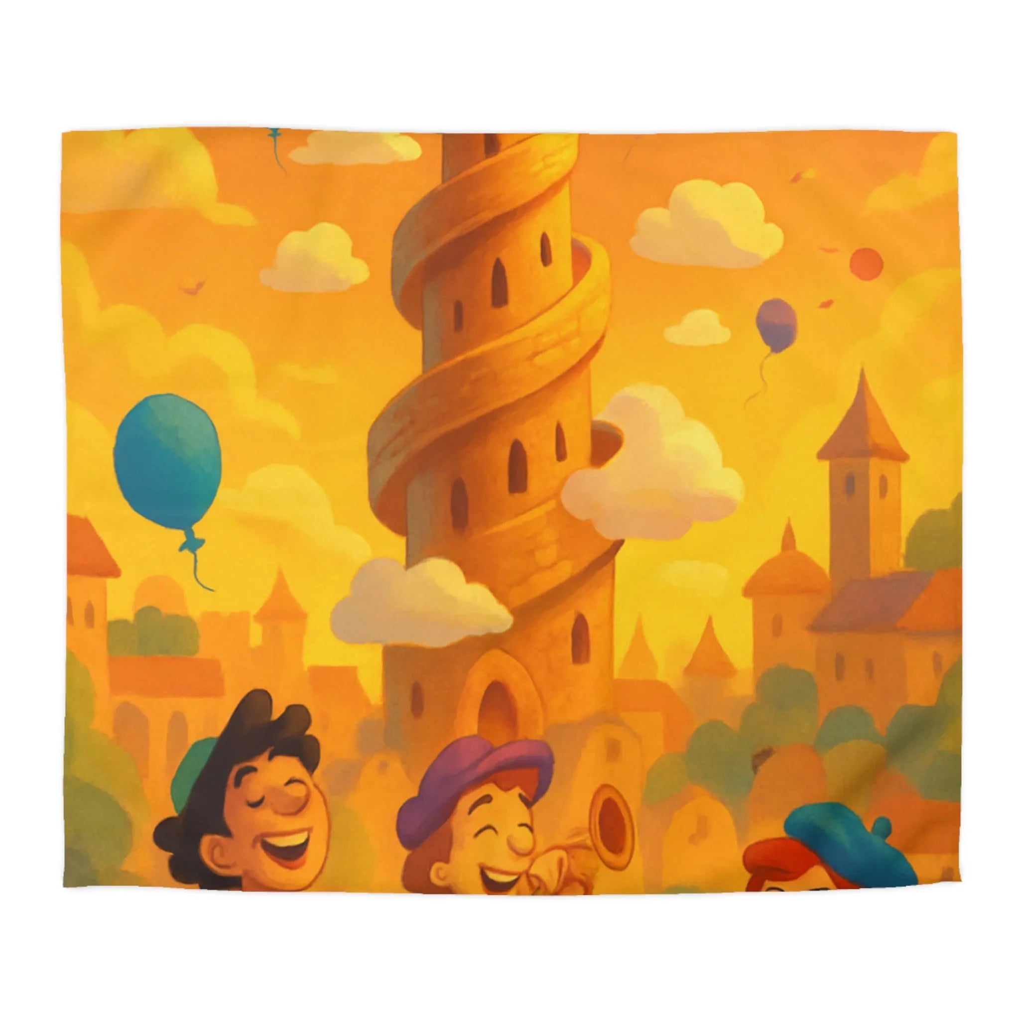 Housse de couette colorée imprimée d'une scène joyeuse avec tours et ballons pastel