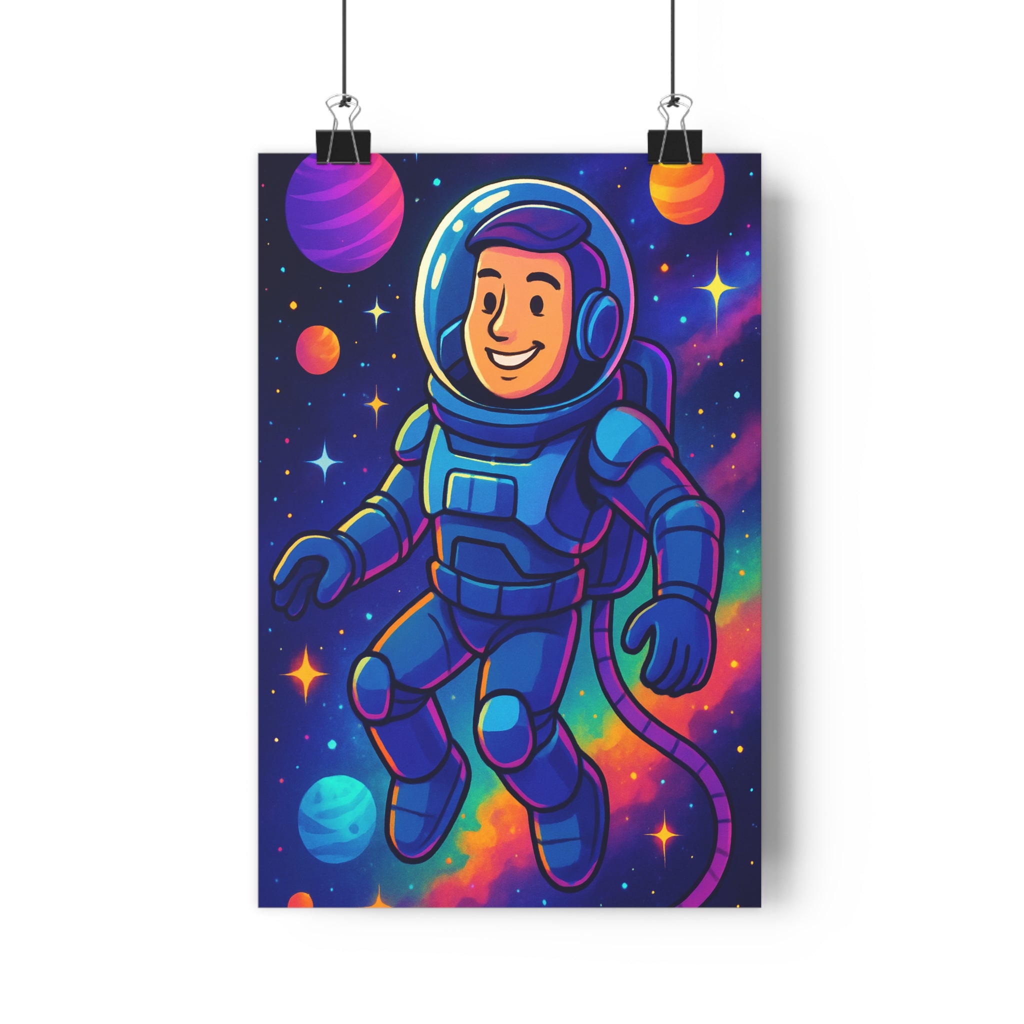 Poster décoratif astronaute cartoon bleu violet orange enfant ludique espace étoiles aventure dynamique 30x46