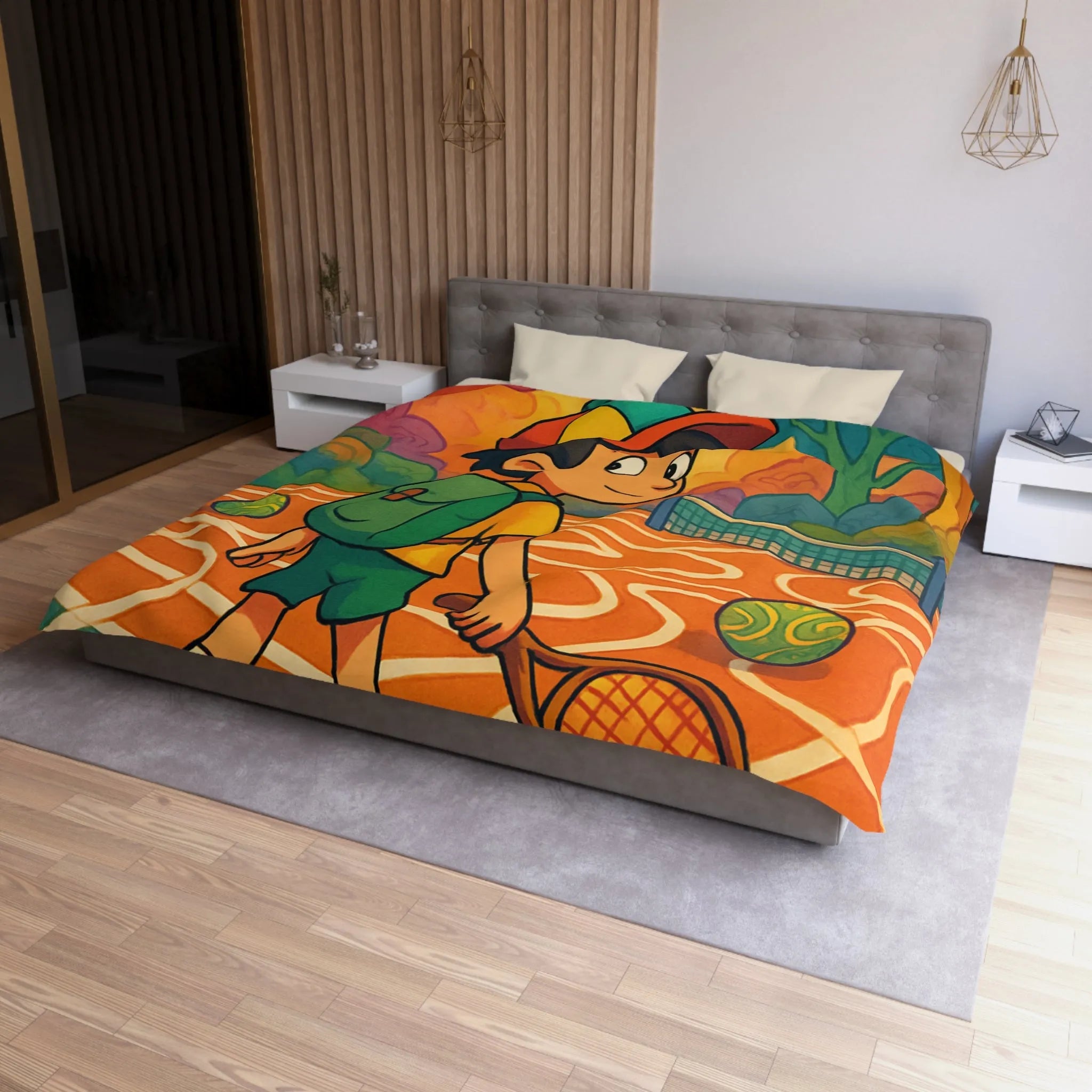 Housse de couette enfant avec motif joueur de tennis dans parc coloré joyeux