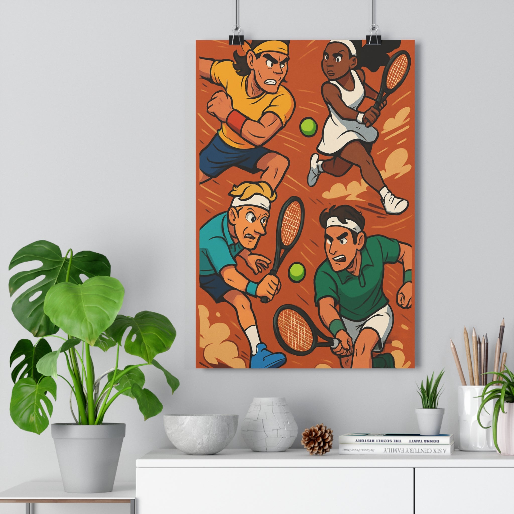 Poster décoratif héroïque tennis action orange vert bleu salon chambre sportif dynamique éclatant moderne