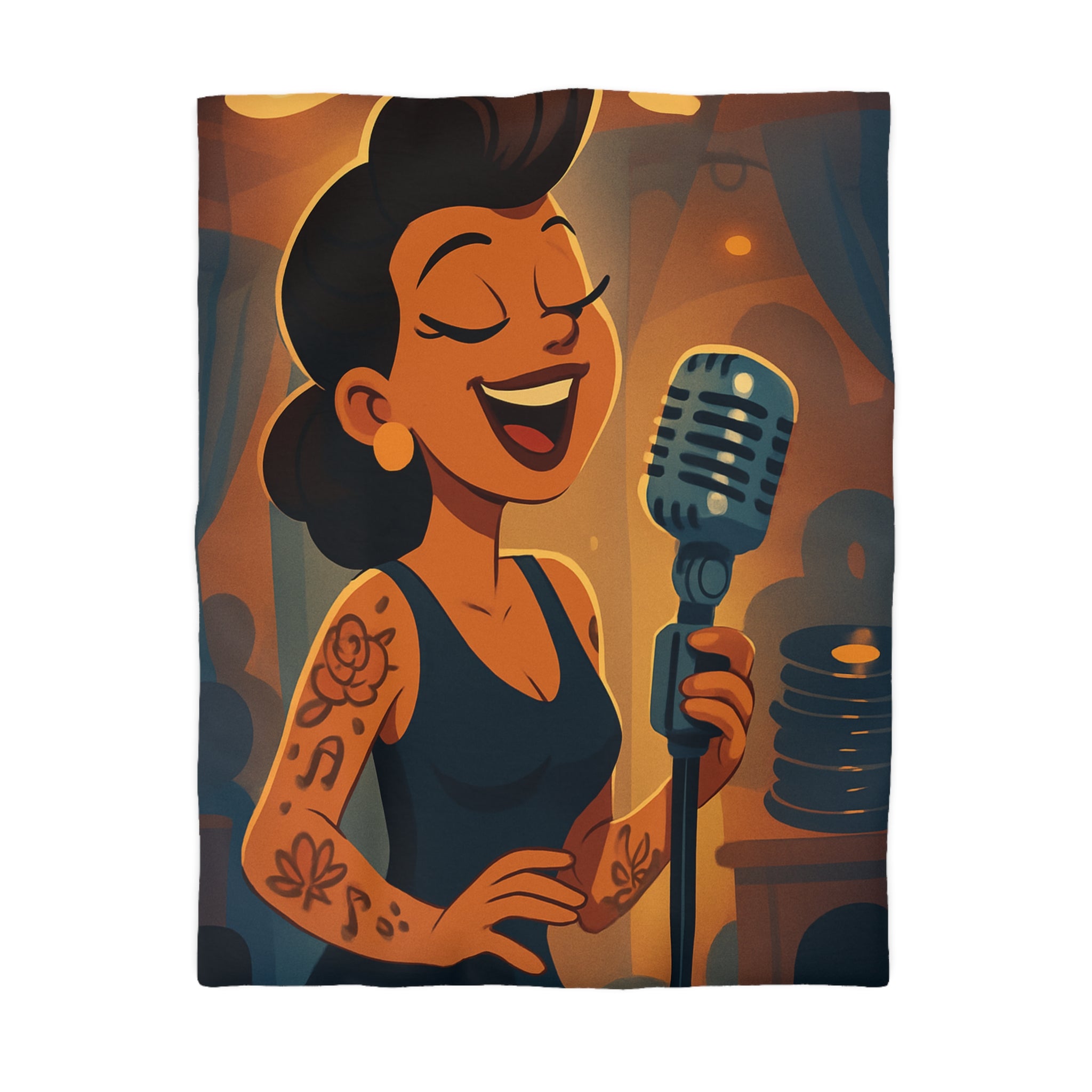 Housse de couette rétro avec chanteuse tatouée sous lumière vintage et micro classique