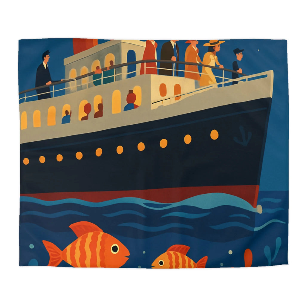 Housse de couette bateau rétro, poissons colorés, ambiance marine, nuit étoilée