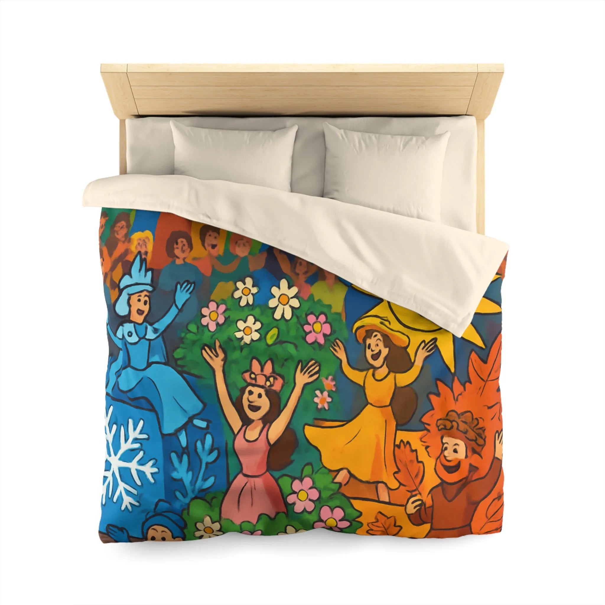 Housse de couette colorée illustrant les saisons pour chambre d'enfant joyeuse et ludique