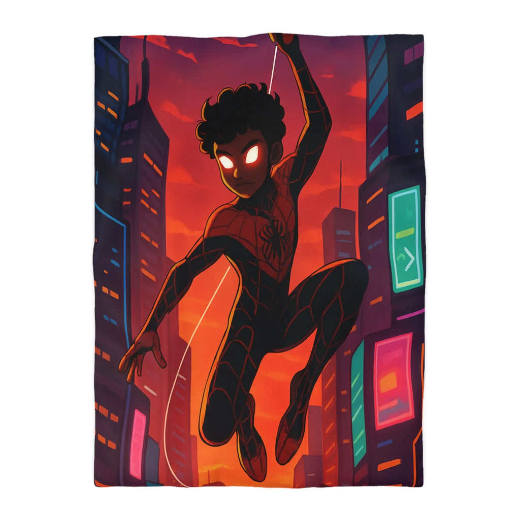 Housse de couette avec super-héros suspendu devant un coucher de soleil urbain vibrant