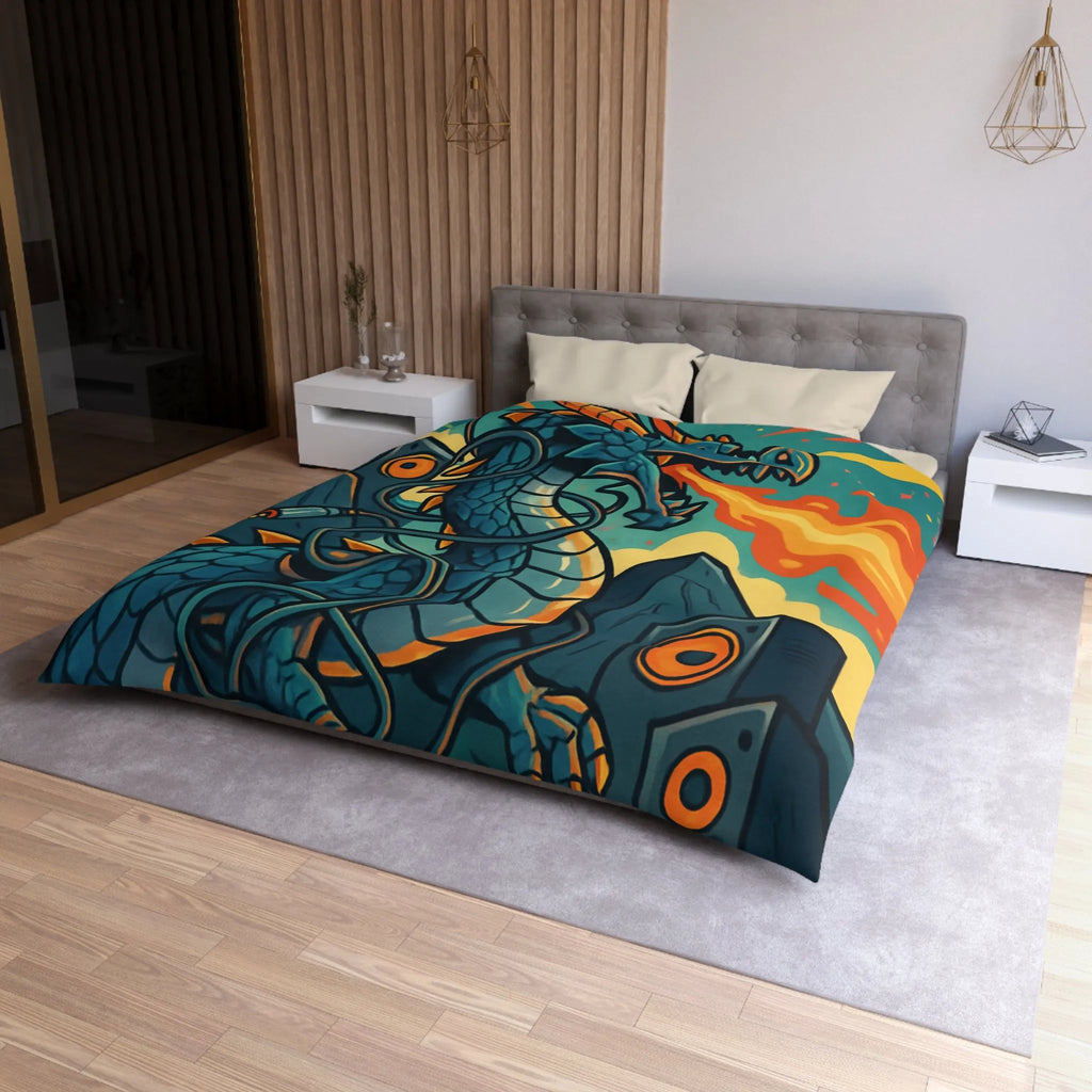 Housse de couette avec dragon fantaisie émettant flammes et musique vibrante rétro