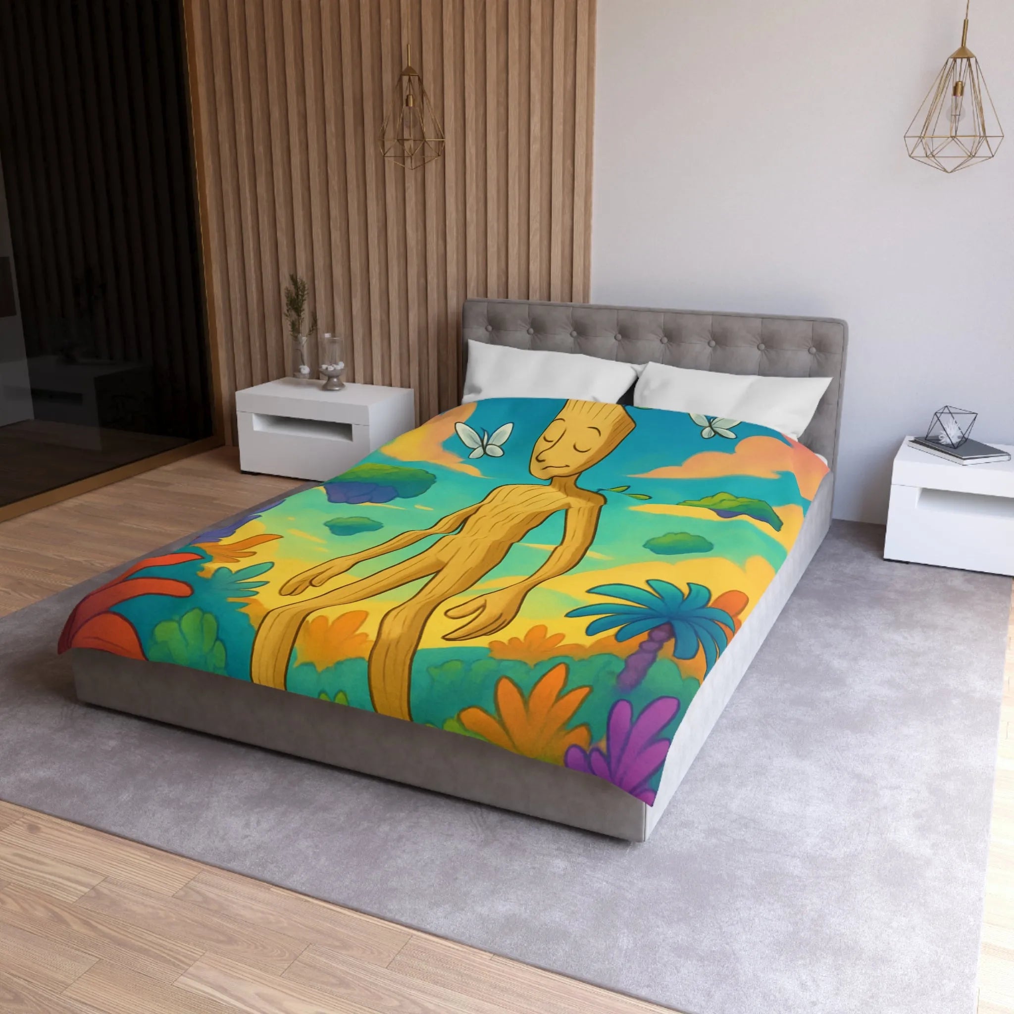 Housse de couette enchanteresse avec paysage coloré, créature en bois et papillons