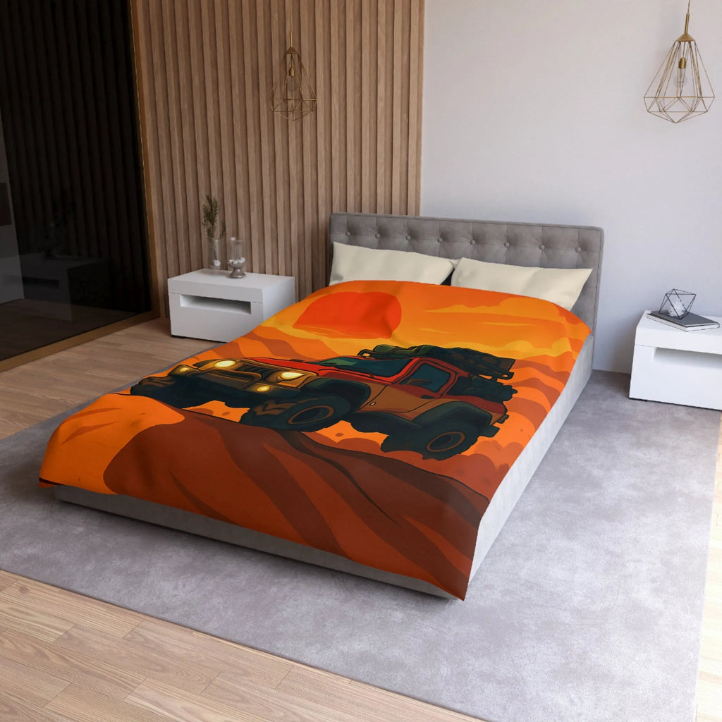 Housse de couette aventure désert rouge avec 4x4 et coucher de soleil éclatant