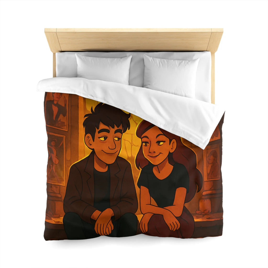 Housse de couette avec illustration romantique de couple devant vitrail chaleureux et intime