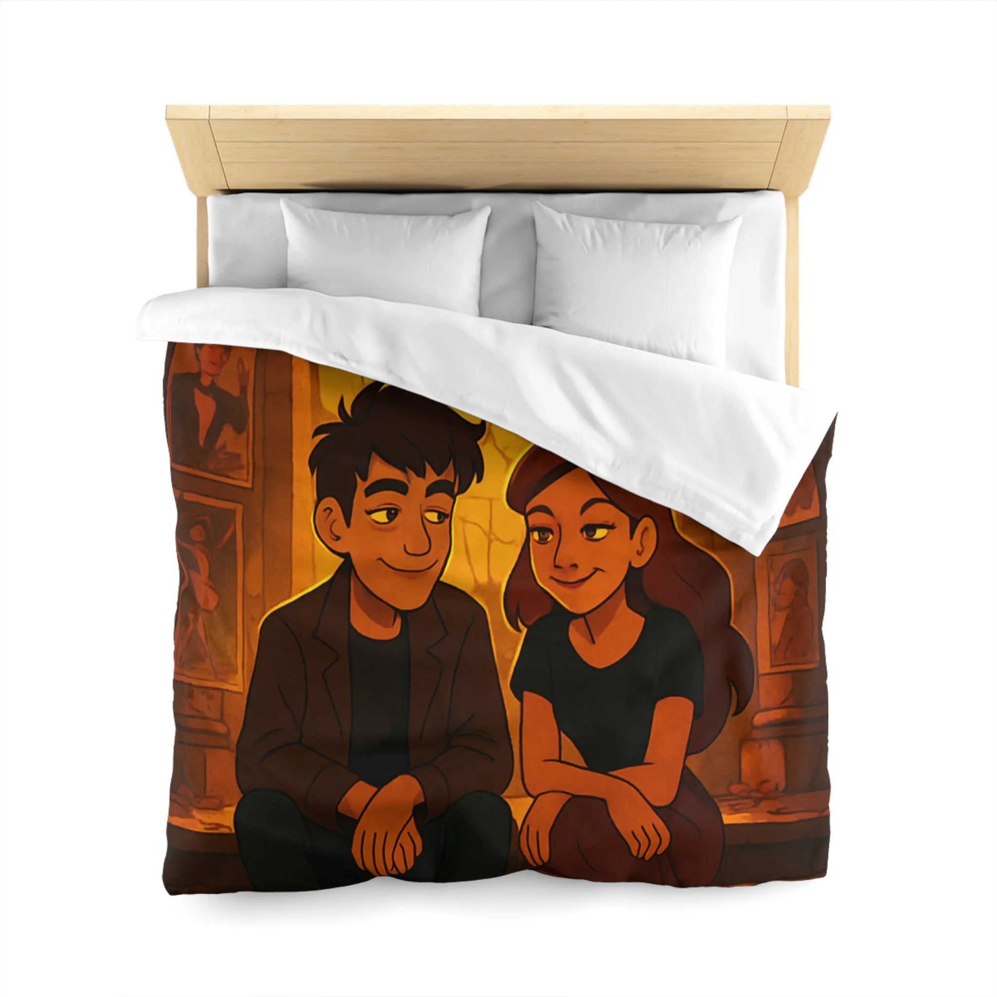 Housse de couette avec illustration romantique de couple devant vitrail chaleureux et intime