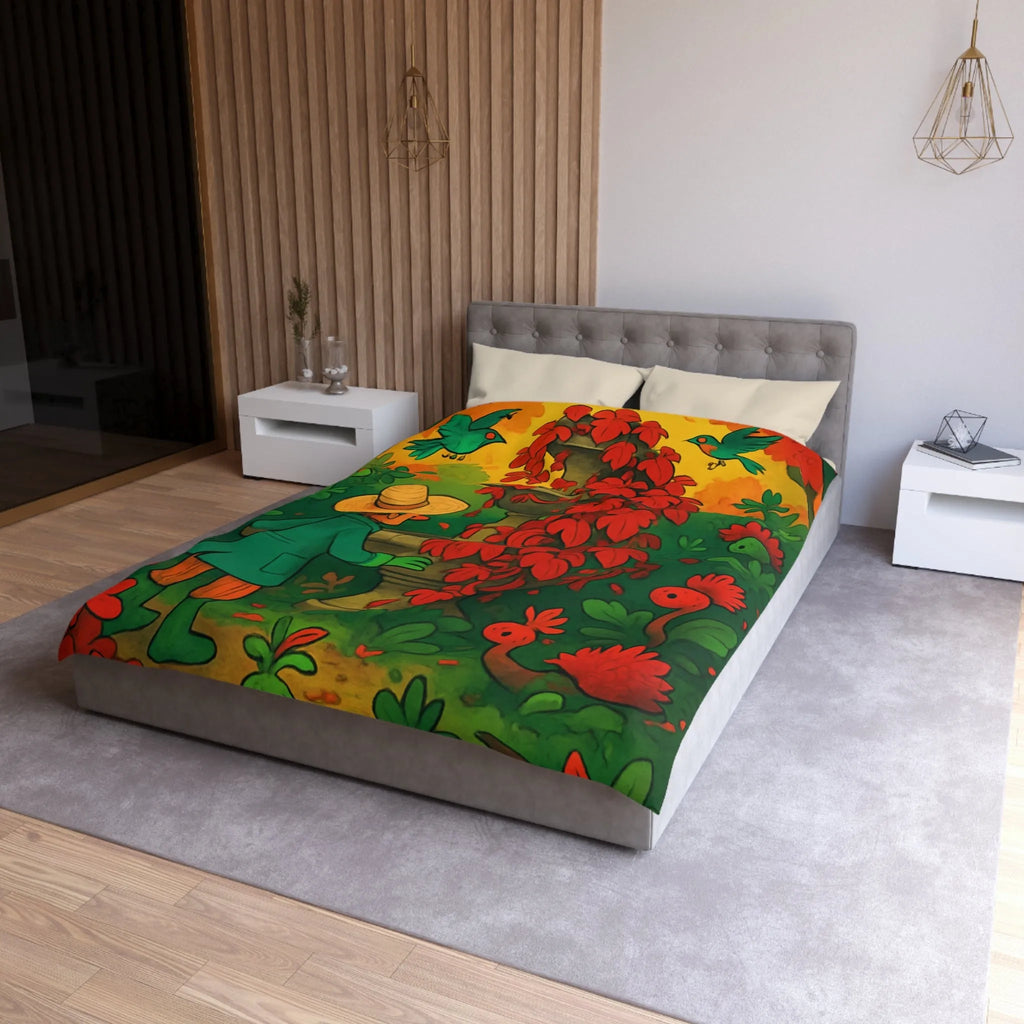 Housse de couette jardin enchanté avec fontaine et fleurs rouges pour chambre colorée