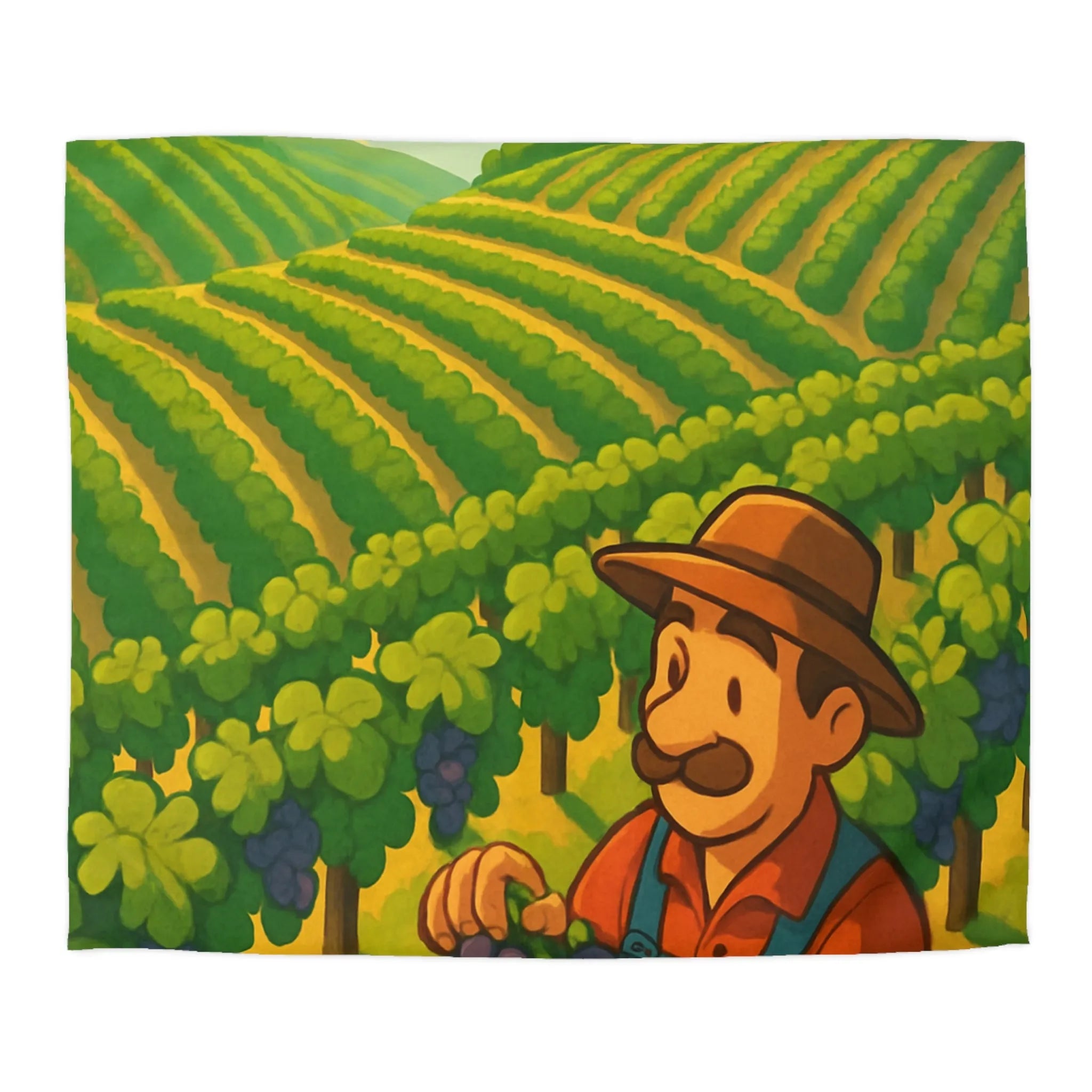 Housse de couette illustration de vendangeur dans un vignoble éclairé par soleil radieux