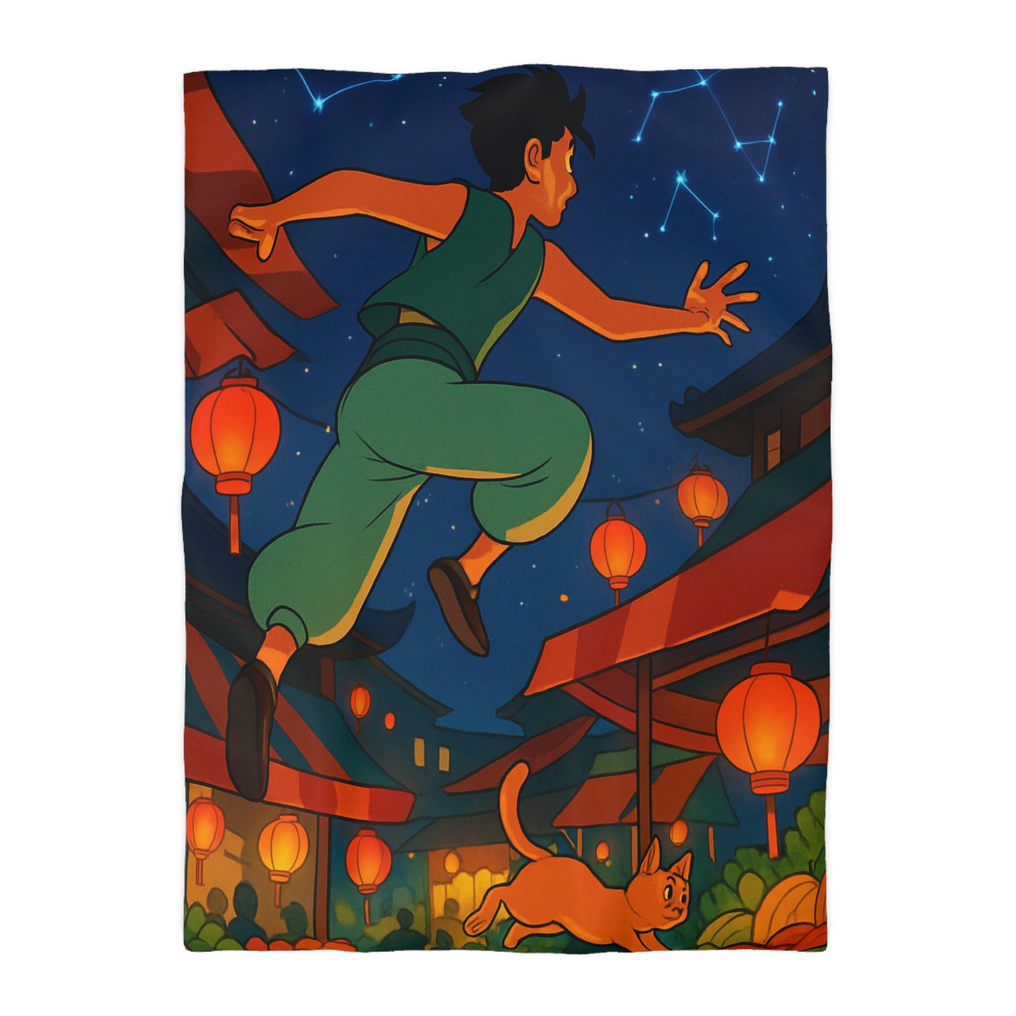 Housse de couette vibrante inspirée d'une scène de marché asiatique nocturne étoilé