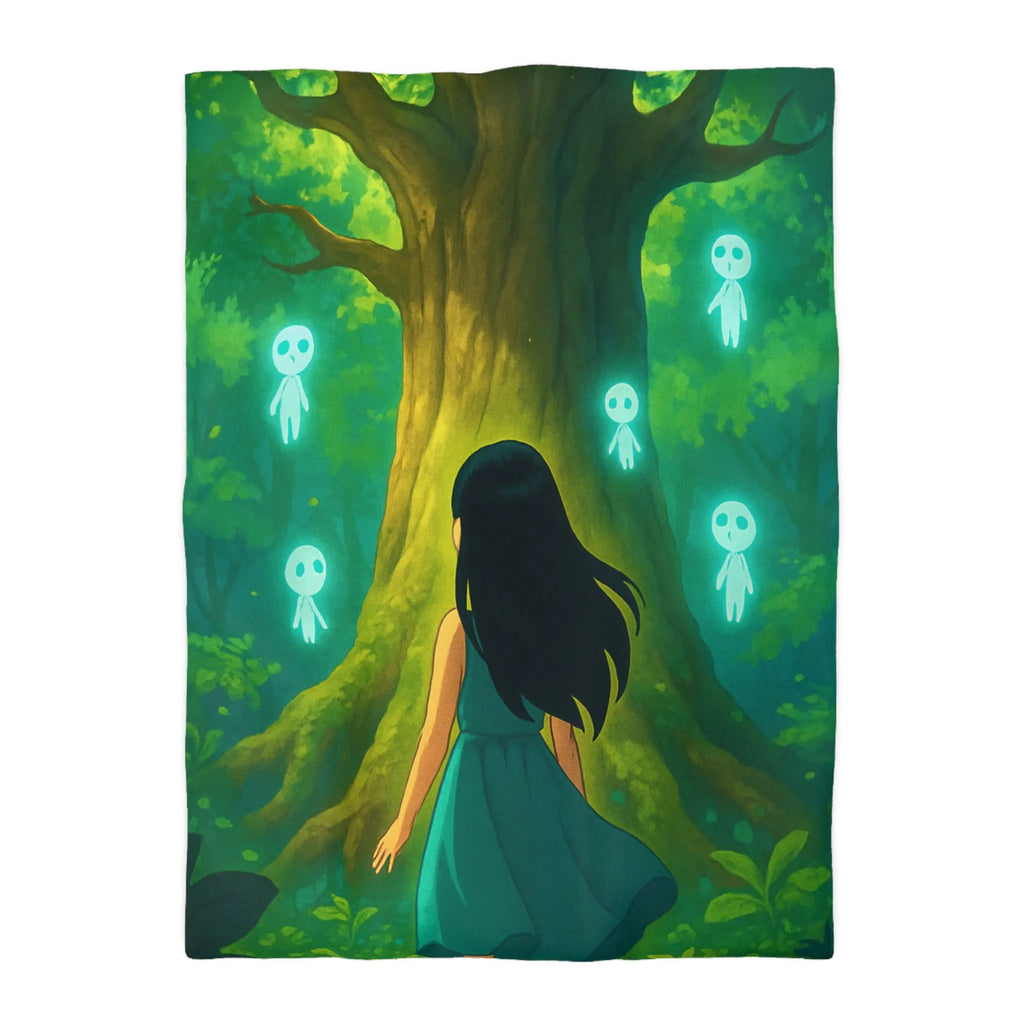 Housse de couette forêt mystique avec fille et esprits lumineux style onirique enchanteur