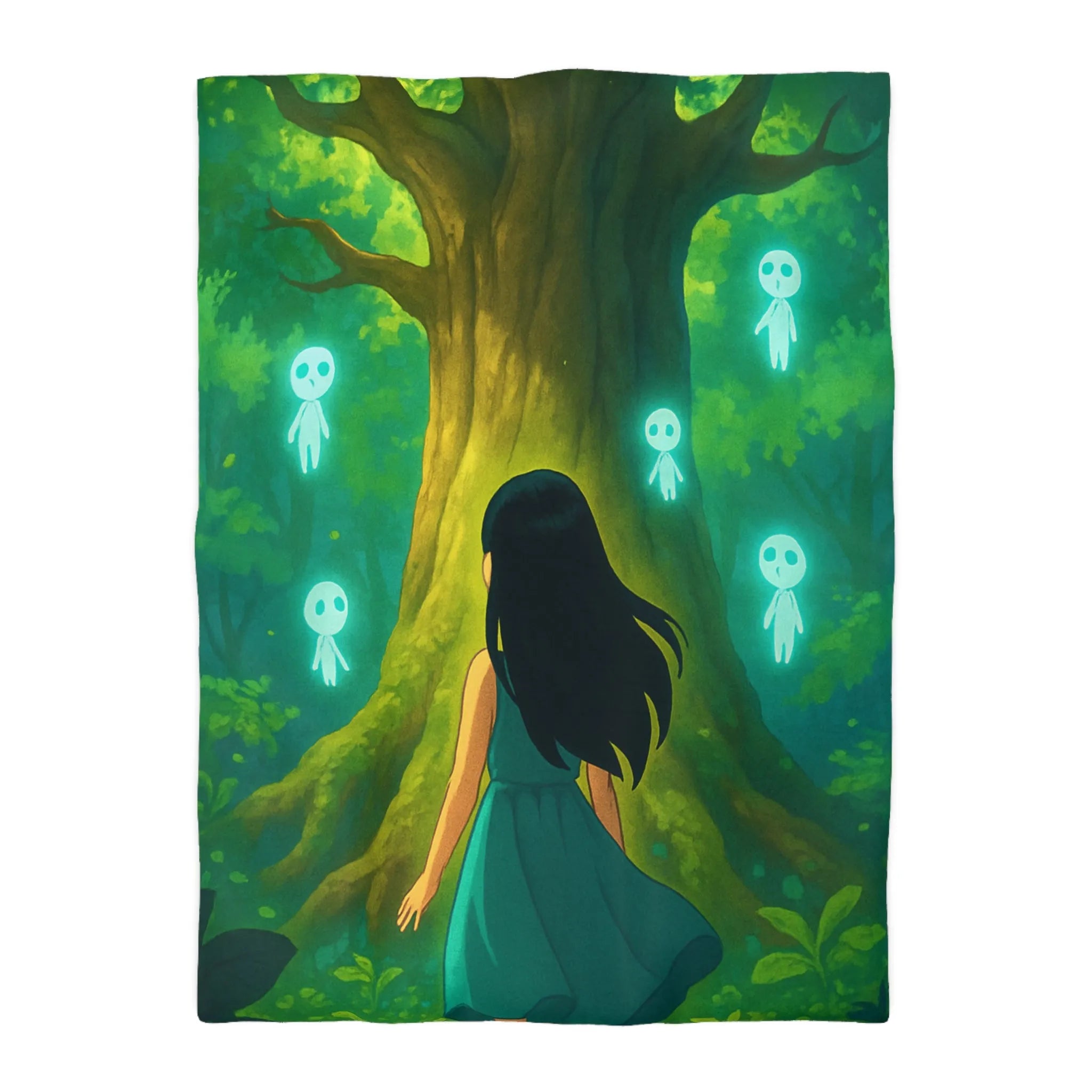 Housse de couette forêt mystique avec fille et esprits lumineux style onirique enchanteur