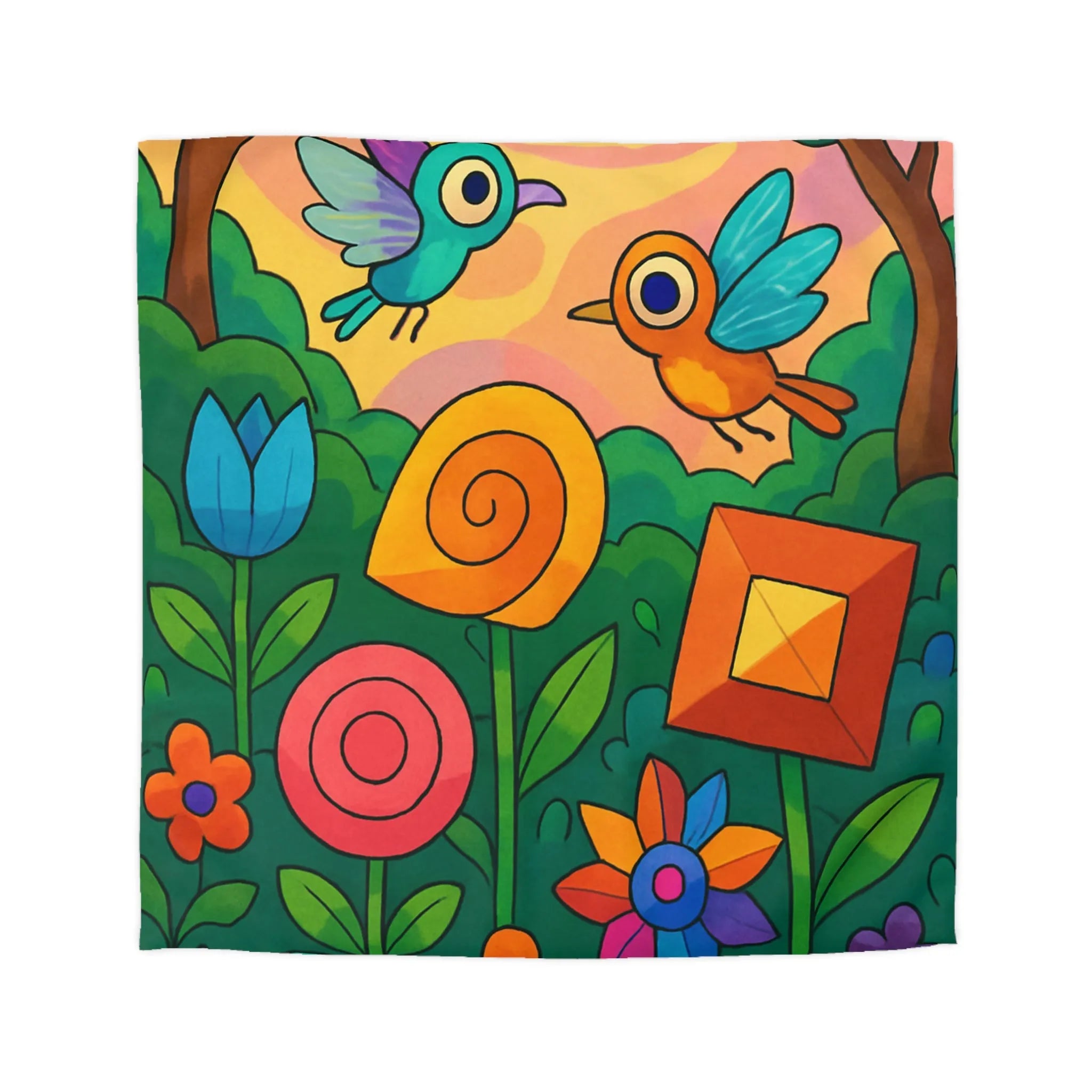 Housse de Couette Colorée Enchantée avec Oiseaux et Fleurs pour Chambre Moderne