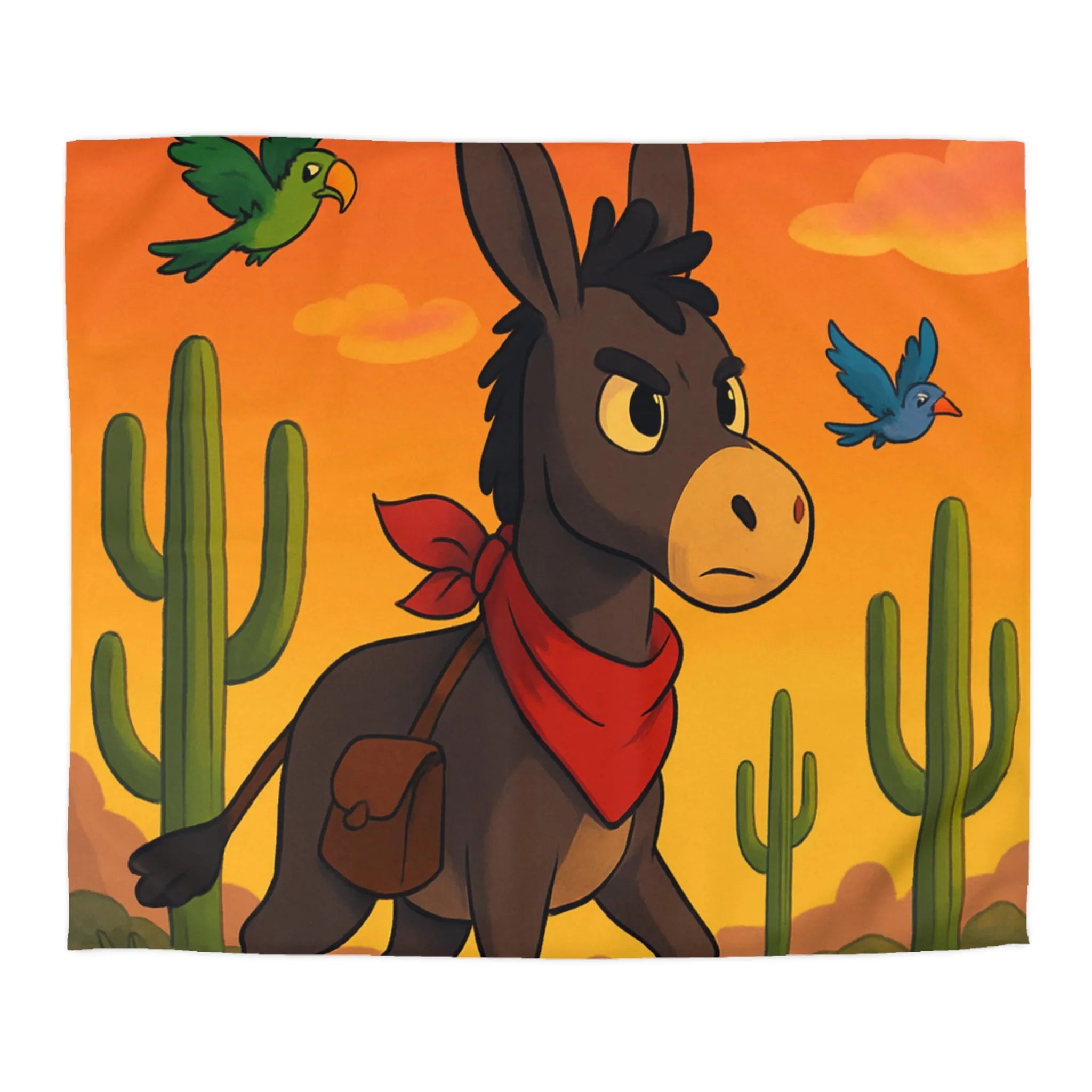 Housse de couette avec âne mignon et oiseaux colorés en désert animé