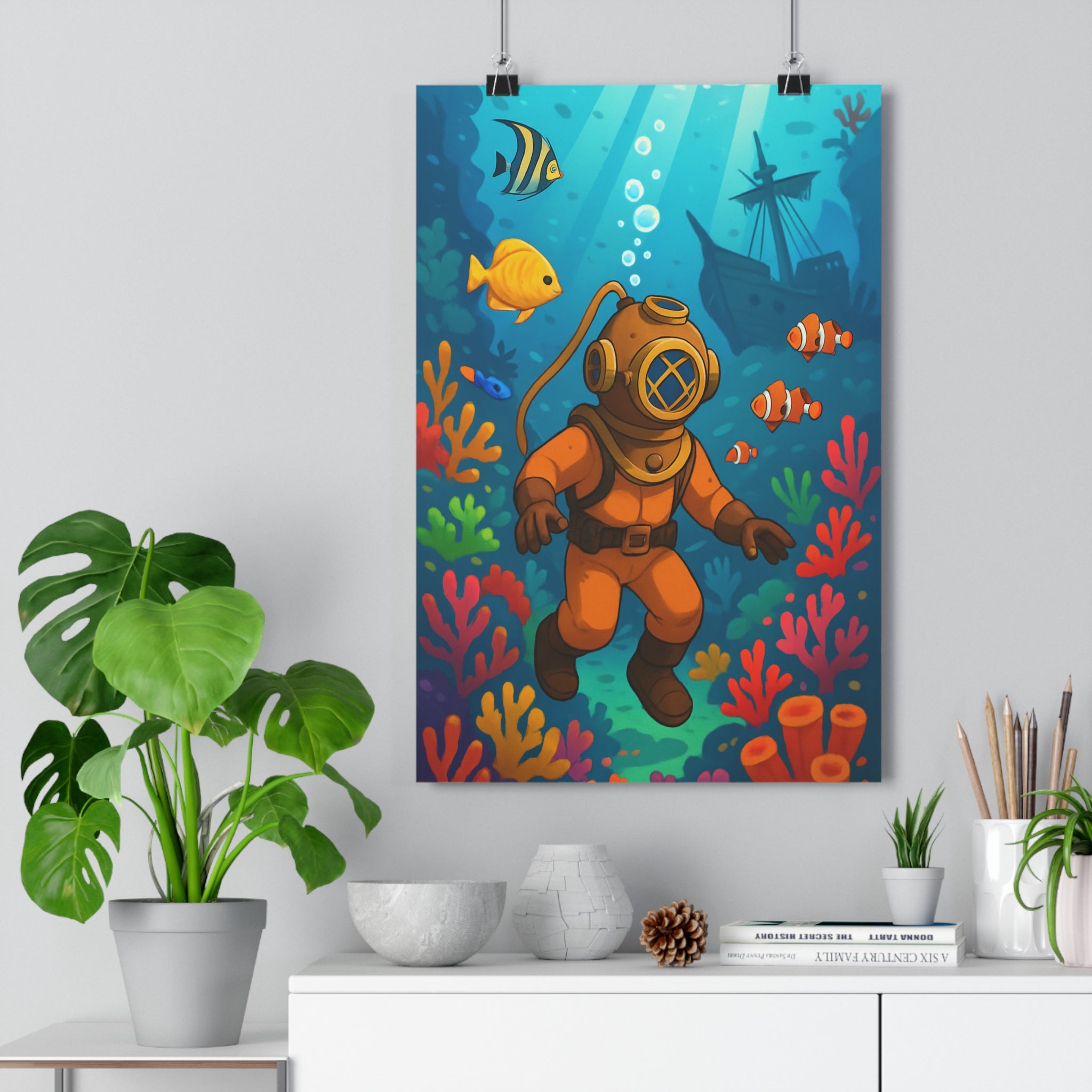 Poster décoratif cartoon bleu vert aventure explorateur chambre enfant scaphandre océan coraux vibrant 30x46