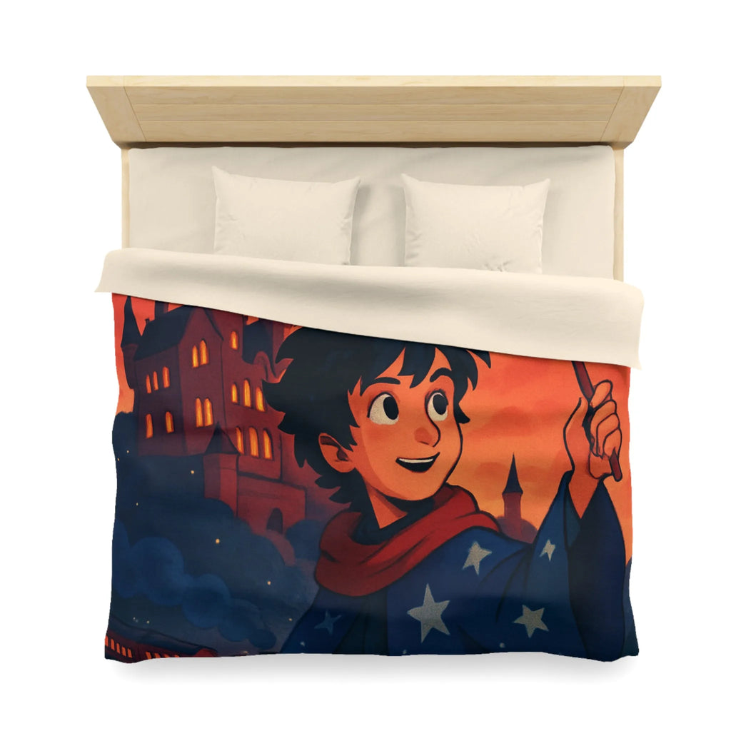 Housse de Couette Enfant Magie Château Nuit Feu d'Artifice Dragon et Hibou