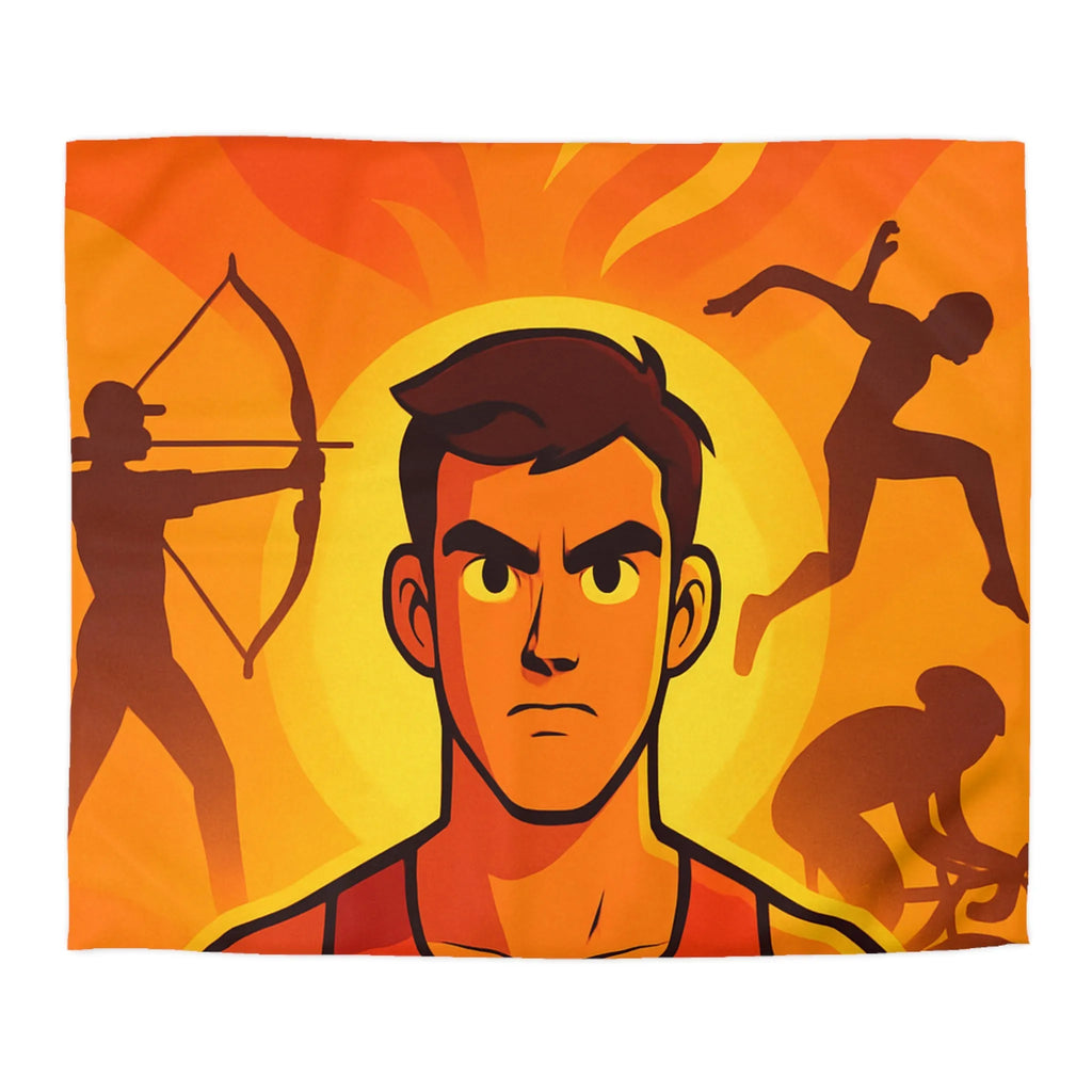 Housse de couette dynamique orange avec motifs sportifs et personnages déterminés en action