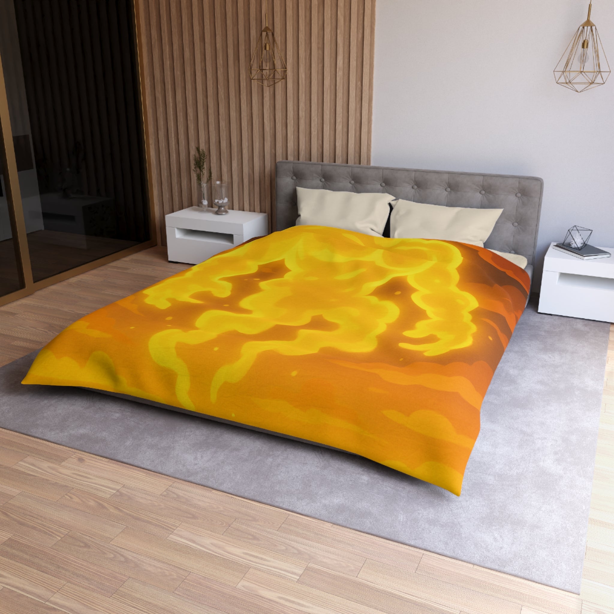 Vision onirique d'un géant flamboyant illuminant un paysage crépusculaire surréaliste en jaune