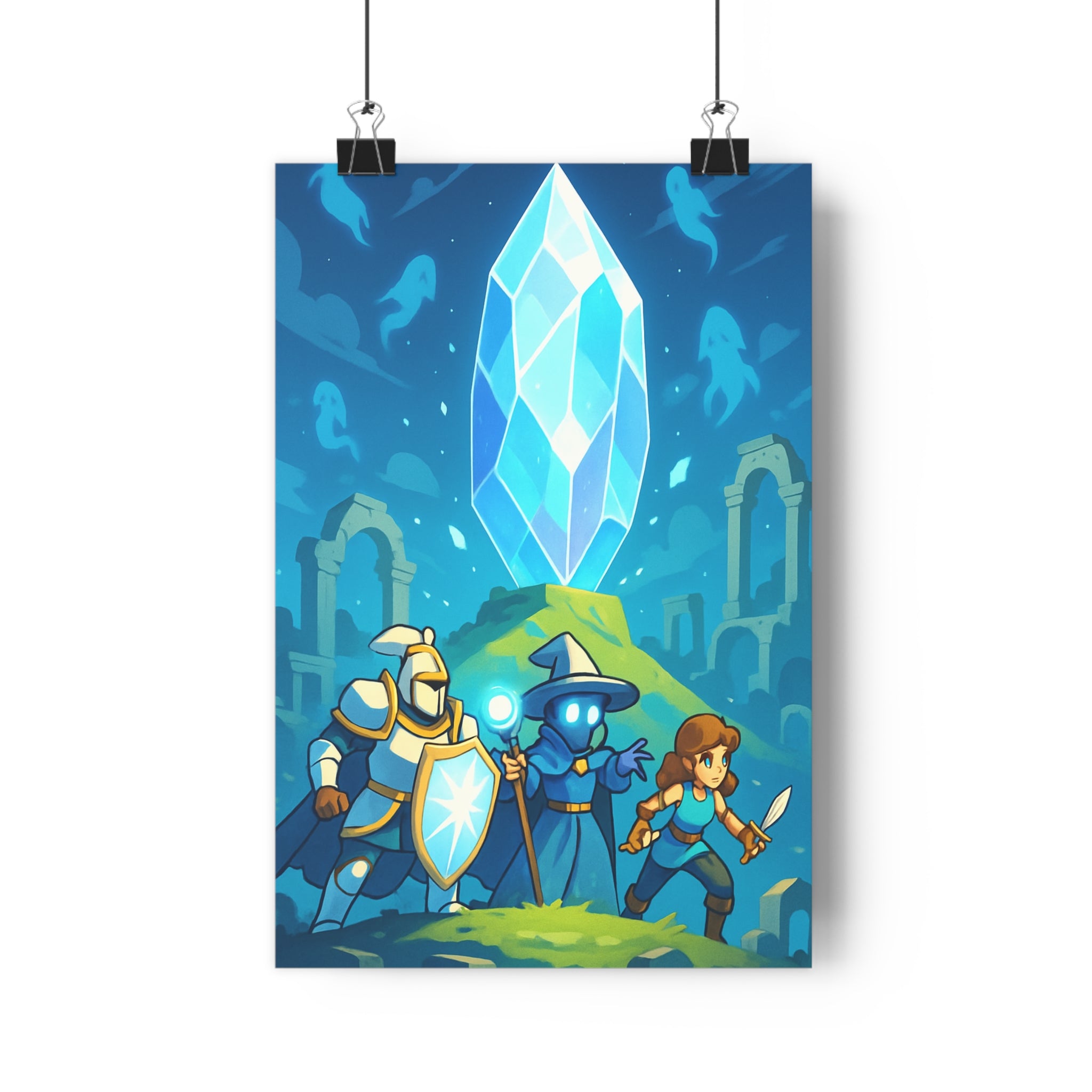 Poster décoratif anime épique bleu aventurier chevalier cristal lumineux mystique chambre salon ruines spectrales