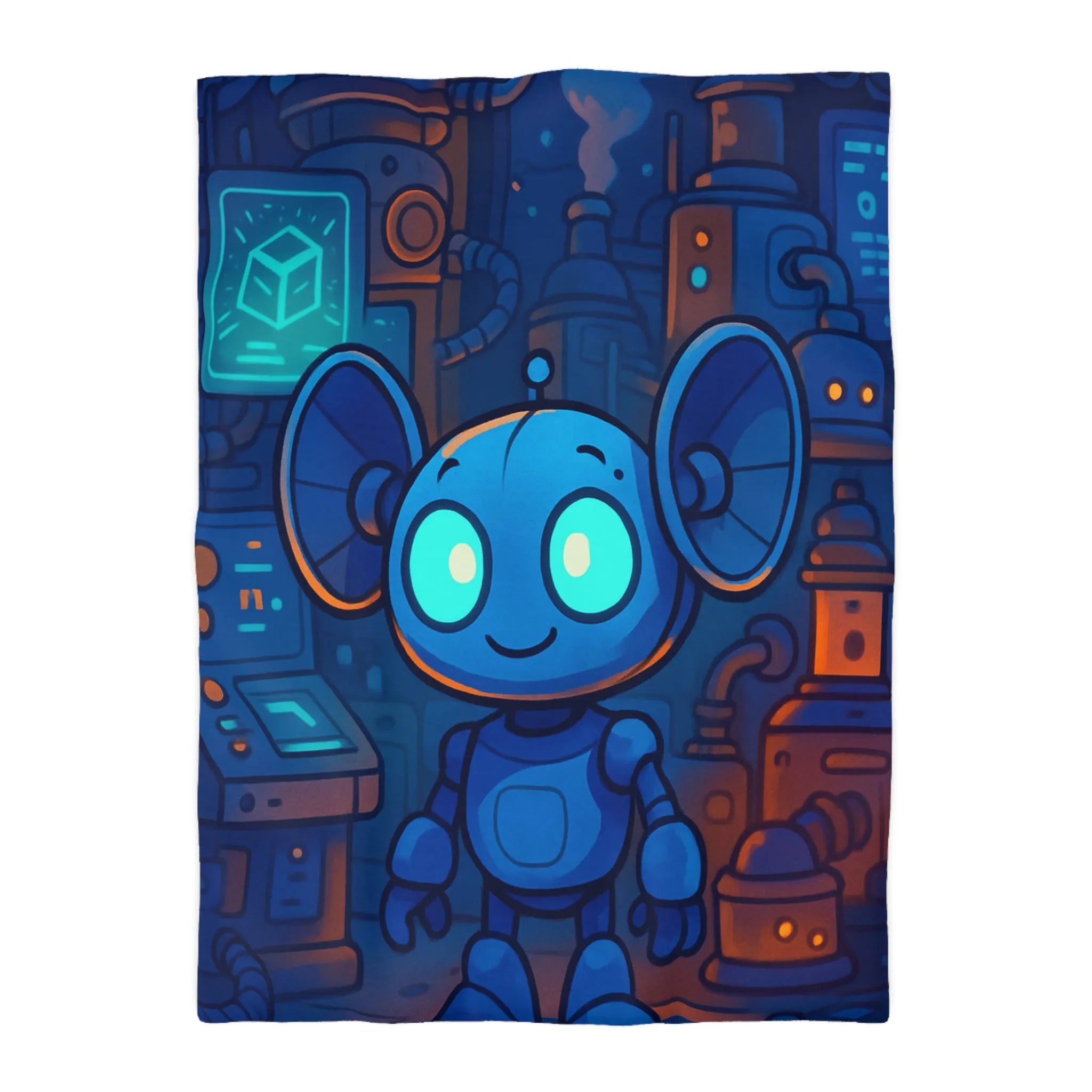 Housse de couette enfant motif robot mignon bleu dans laboratoire futuriste nuit