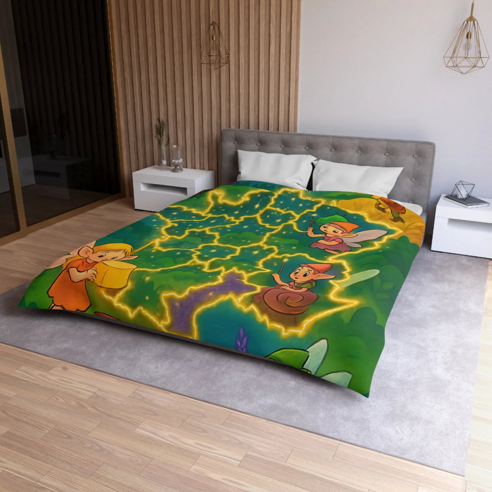 Housse de couette illustrée avec fées et lutins en carte de France enchantée