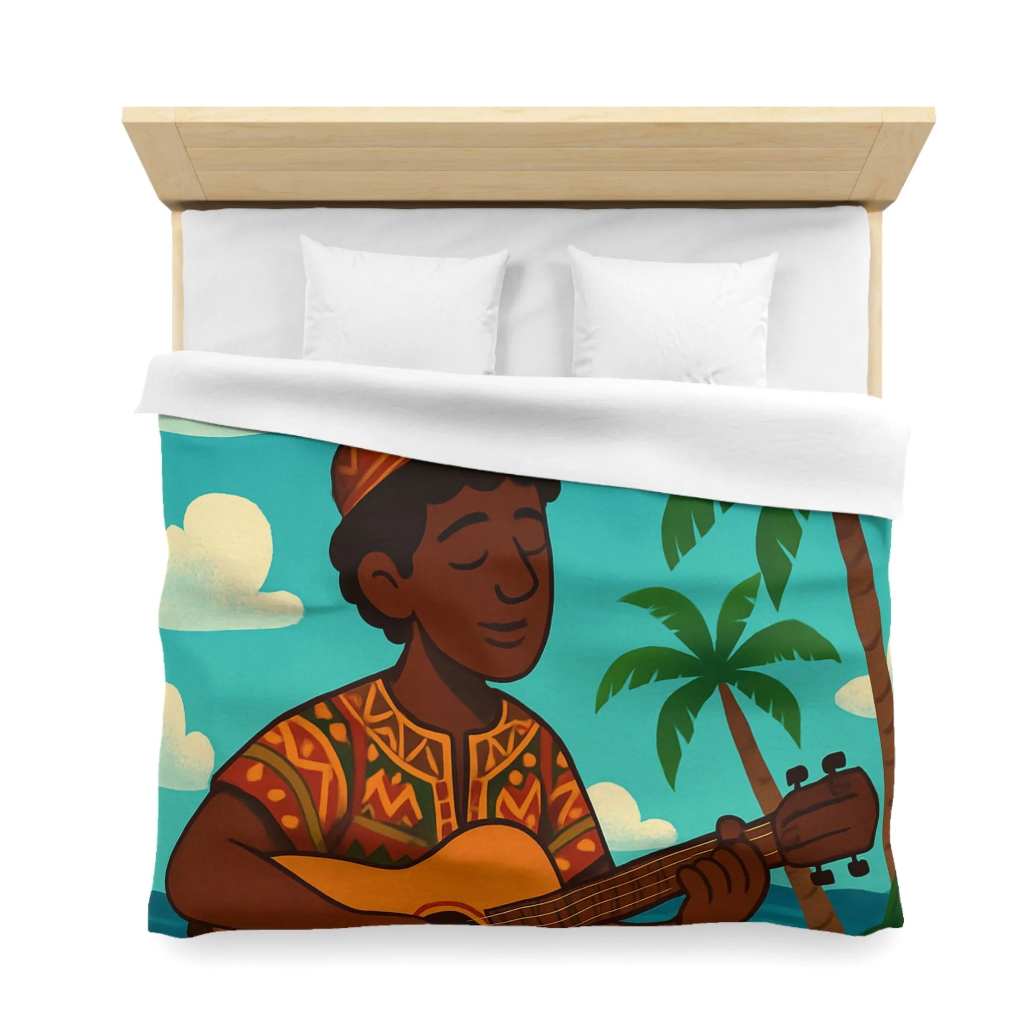 Housse de couette illustrée avec musicien joyeux sous les palmiers en bord de mer