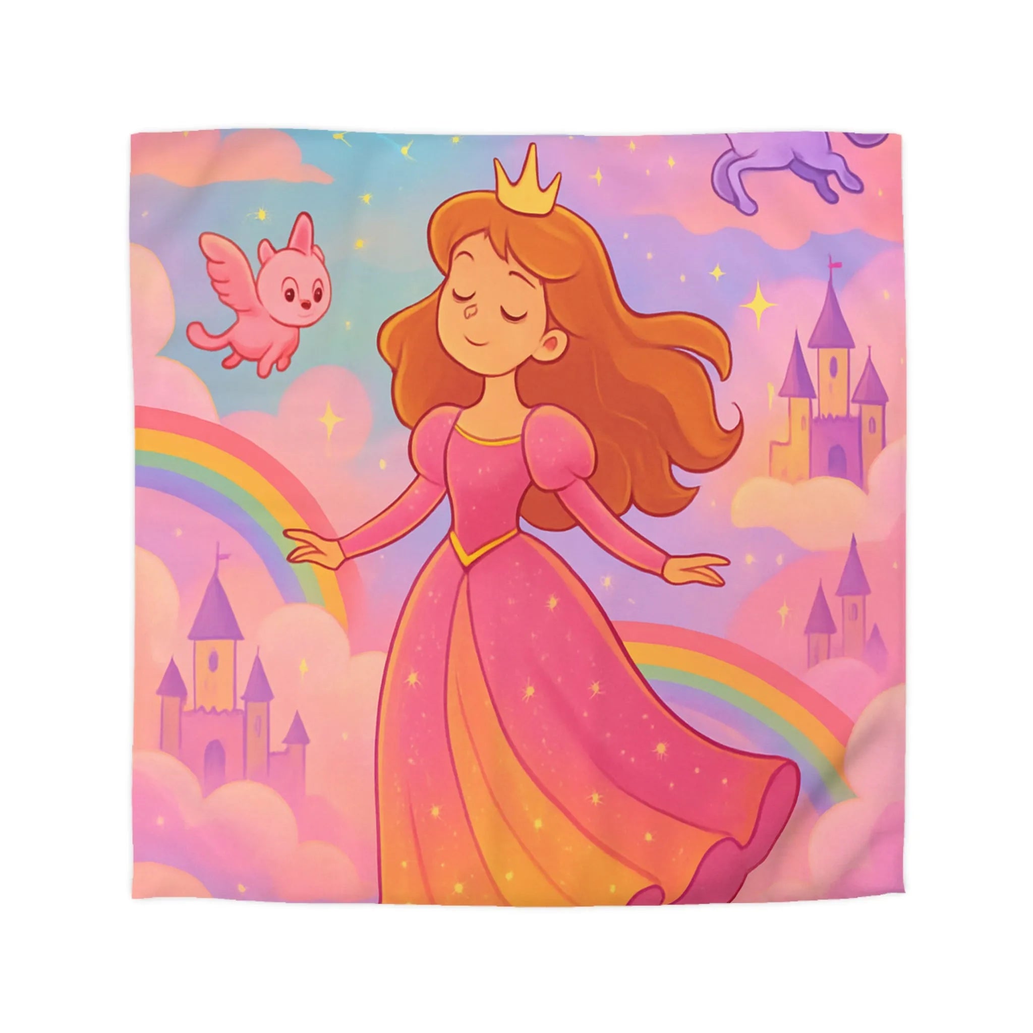 Housse de couette féerique avec princesse et animaux volants, arc-en-ciel pastel doux