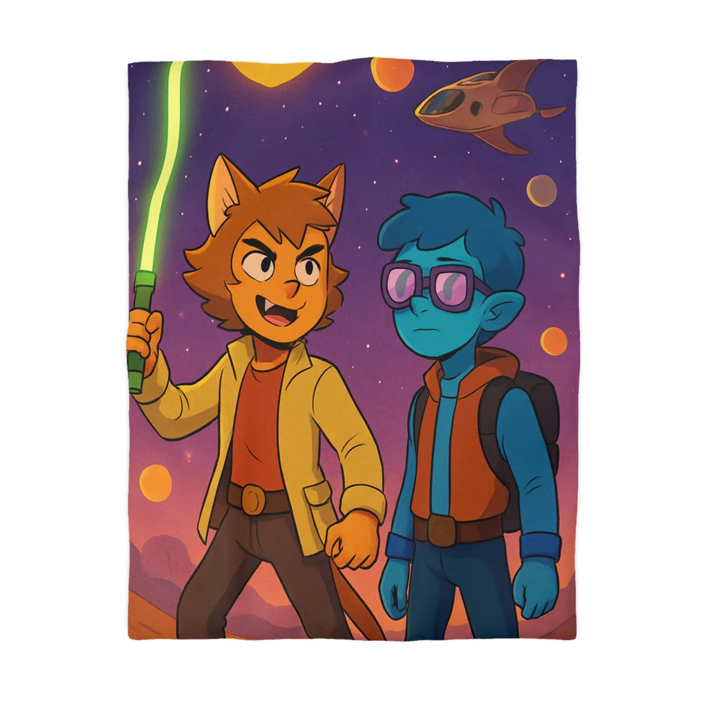Housse de couette avec deux personnages dans l'espace, ambiance rétro futuriste colorée