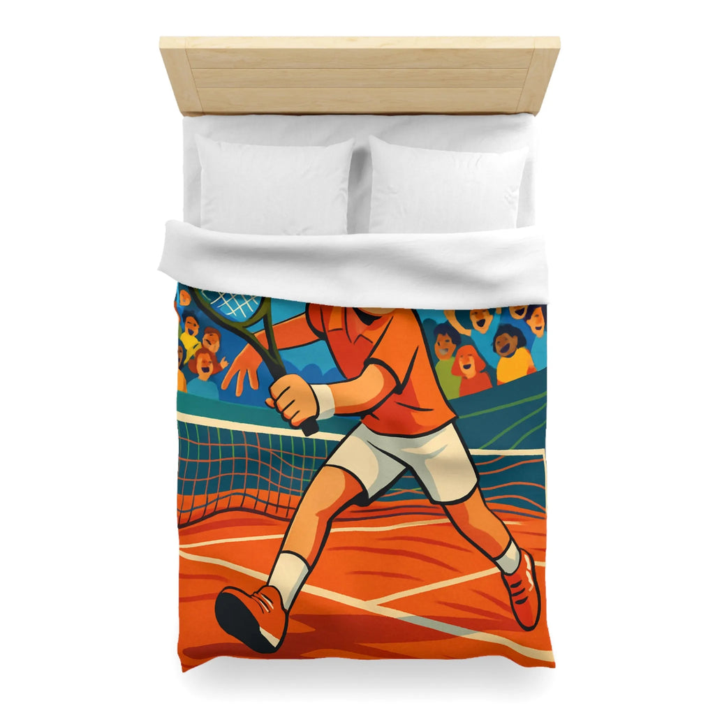 Dessin Animé Joueur de Tennis Dynamique en Action sur Court avec Public Enthousiaste