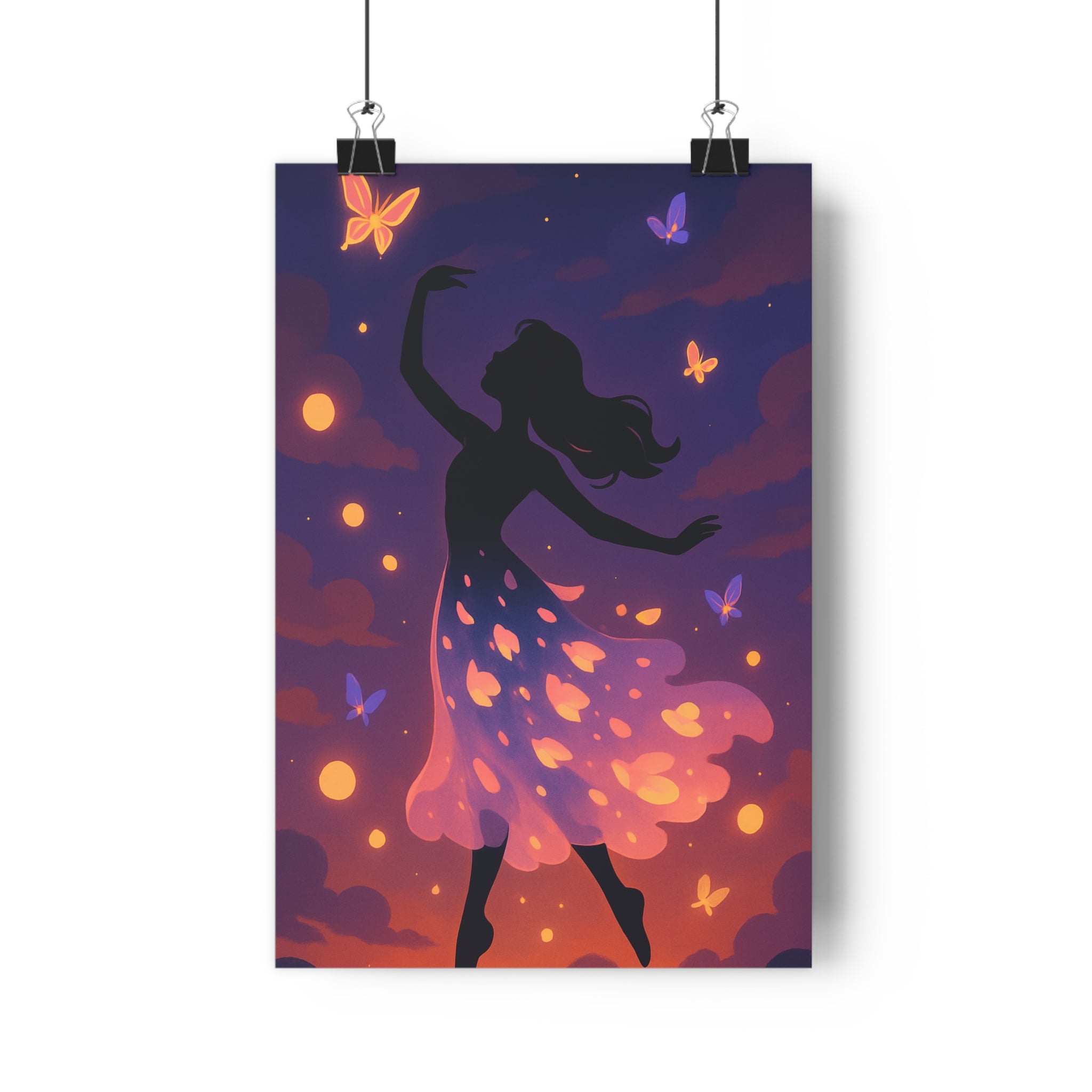 Poster décoratif féérique violet rose ciel étoilé silhouette féminine salon chambre magique apaisante rêveuse
