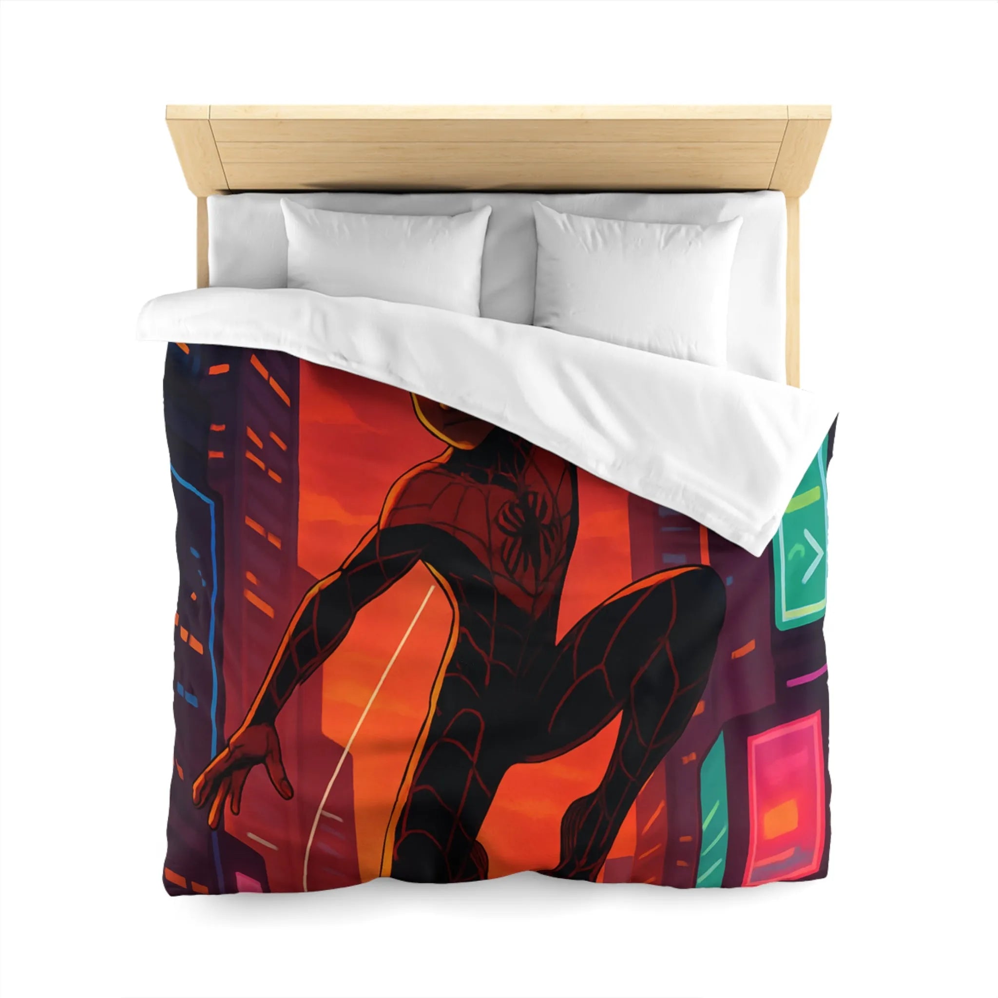 Housse de couette avec super-héros suspendu devant un coucher de soleil urbain vibrant